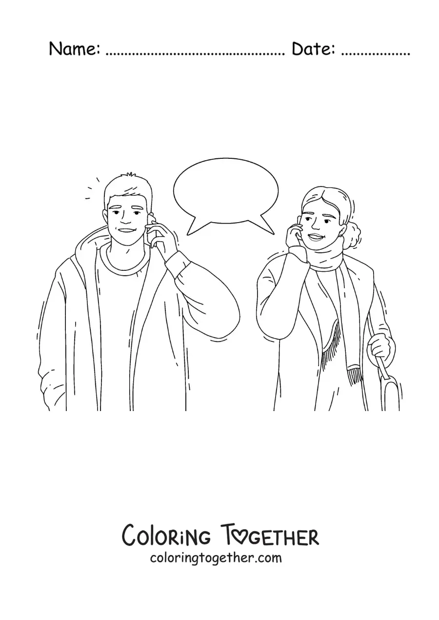 Coloring page of a couple talking on the phone