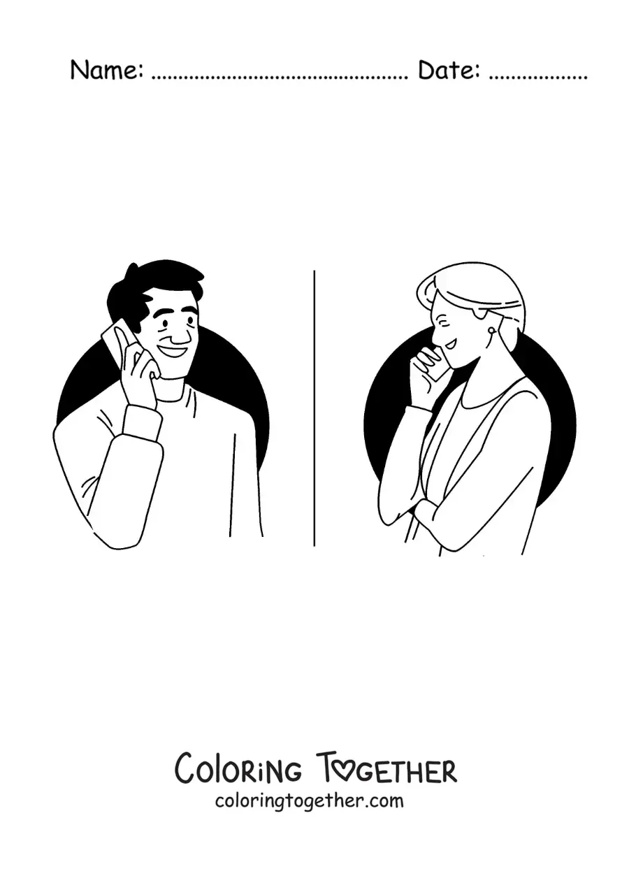 Coloring page of a man and his mother talking on the phone