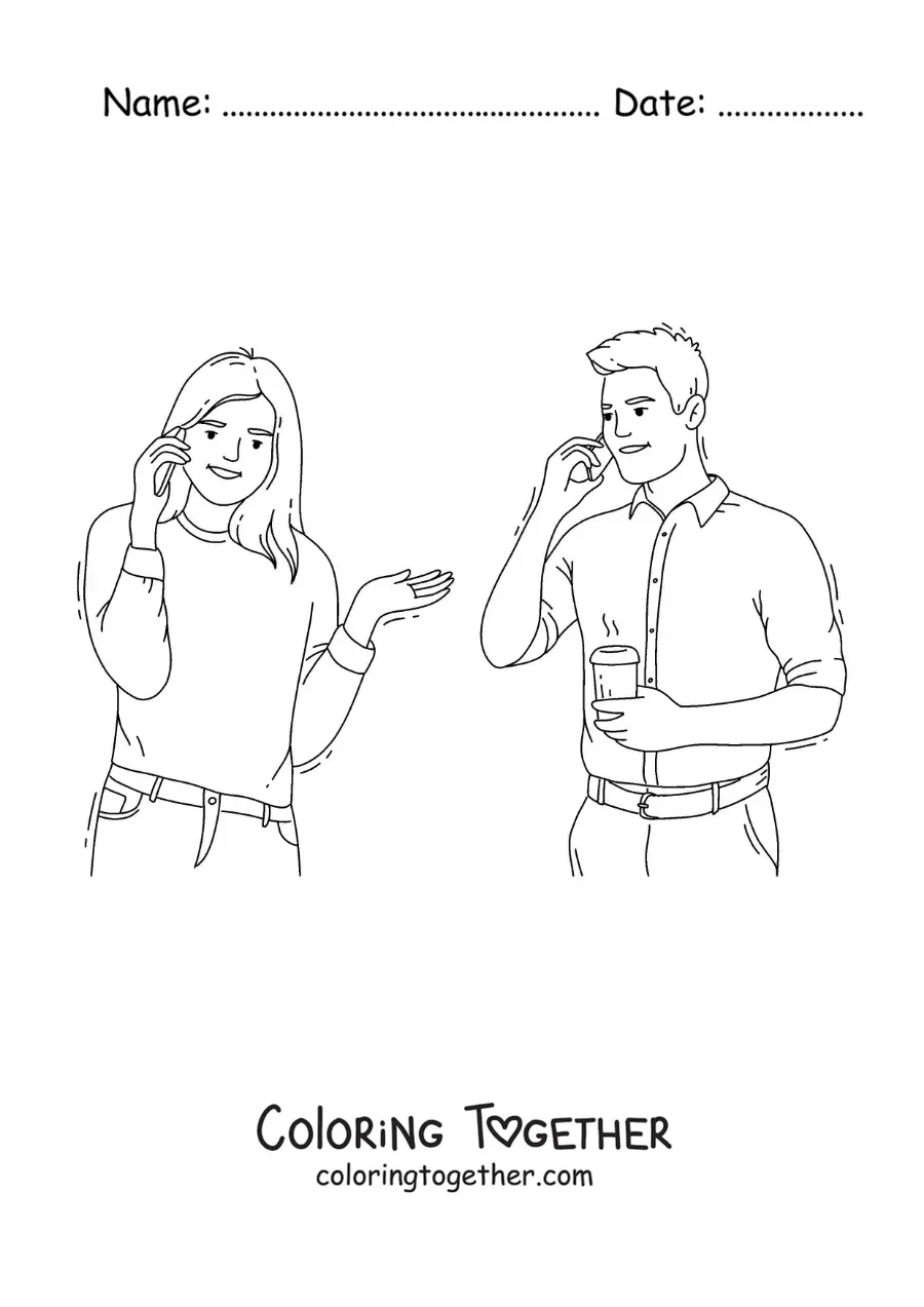Coloring page of a man and a woman talking on the phone