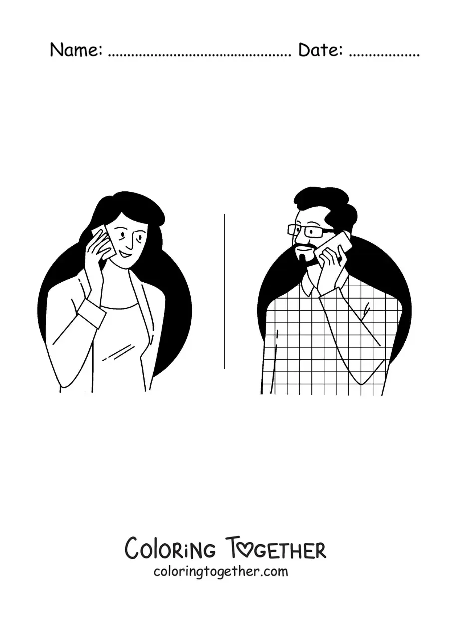 Coloring page of a man and his wife talking on the phone