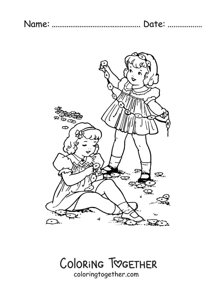 Coloring page of two girls picking flowers