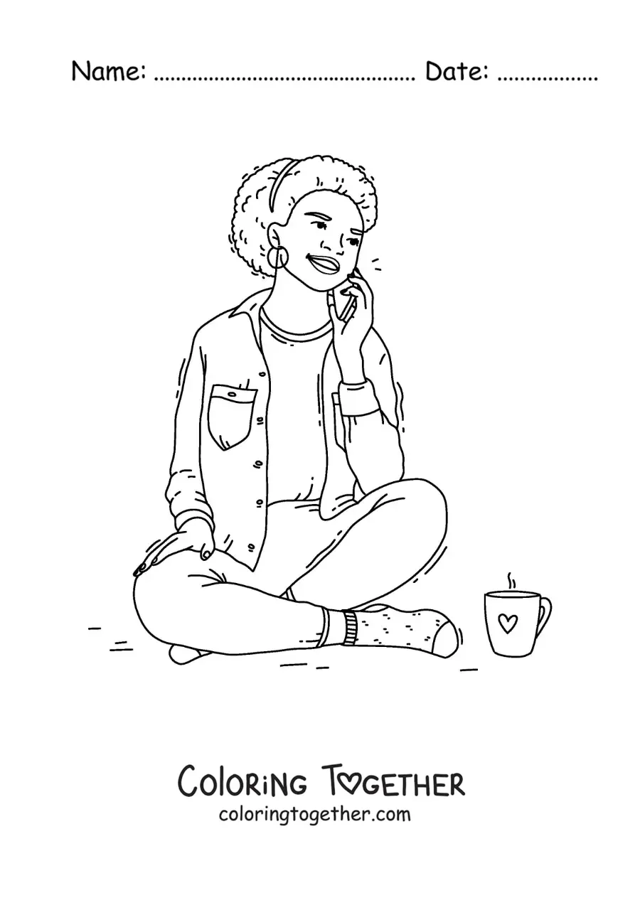 Coloring page of a girl sitting and talking on a phone call