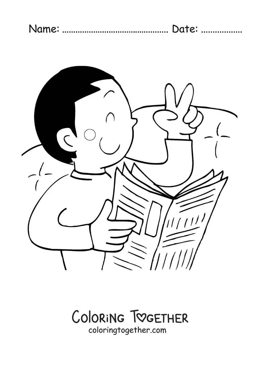 Coloring page of a cartoon boy reading the newspaper