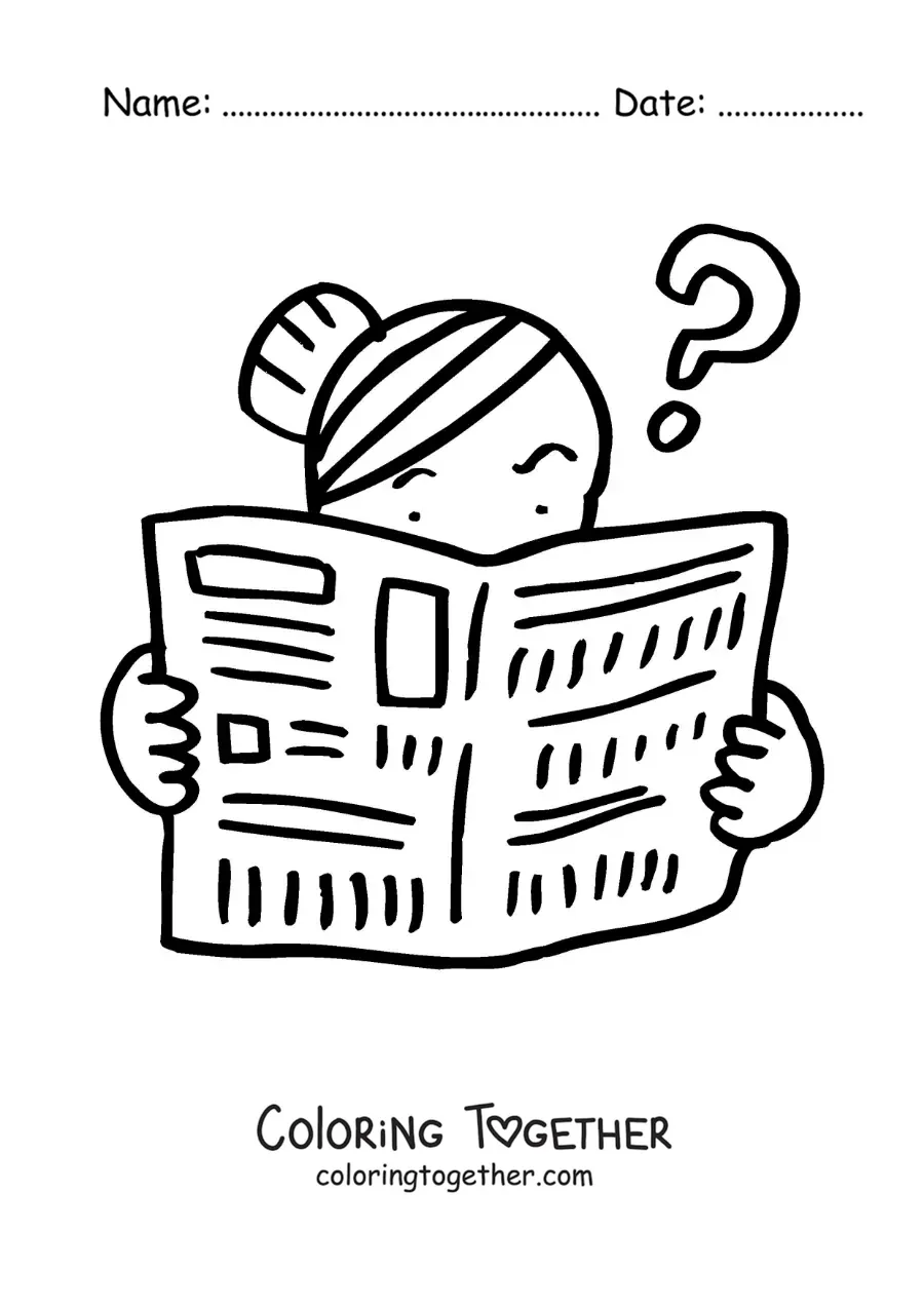 Coloring page of a confused woman reading the newspaper