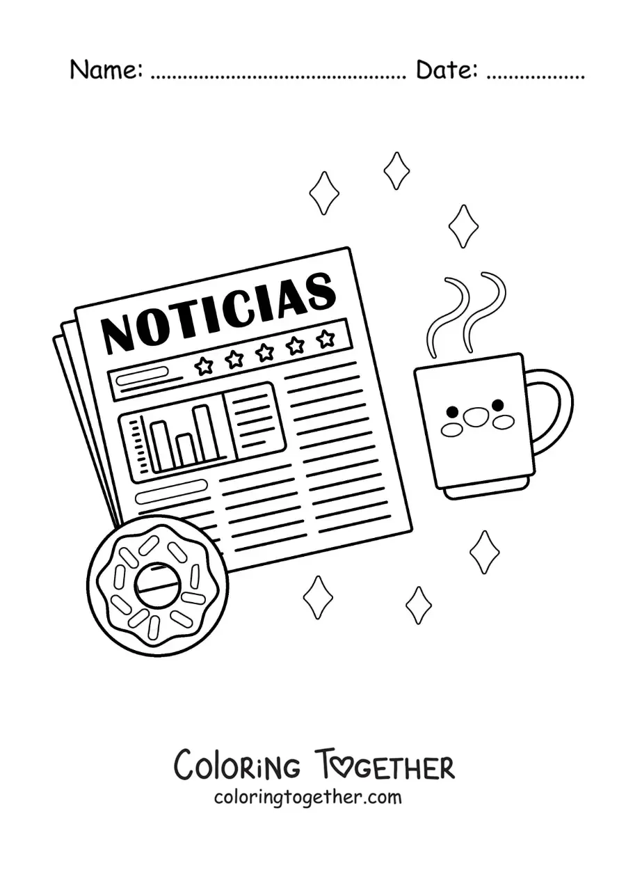 Coloring page of a newspaper with a donut and a coffee in kawaii cartoon style