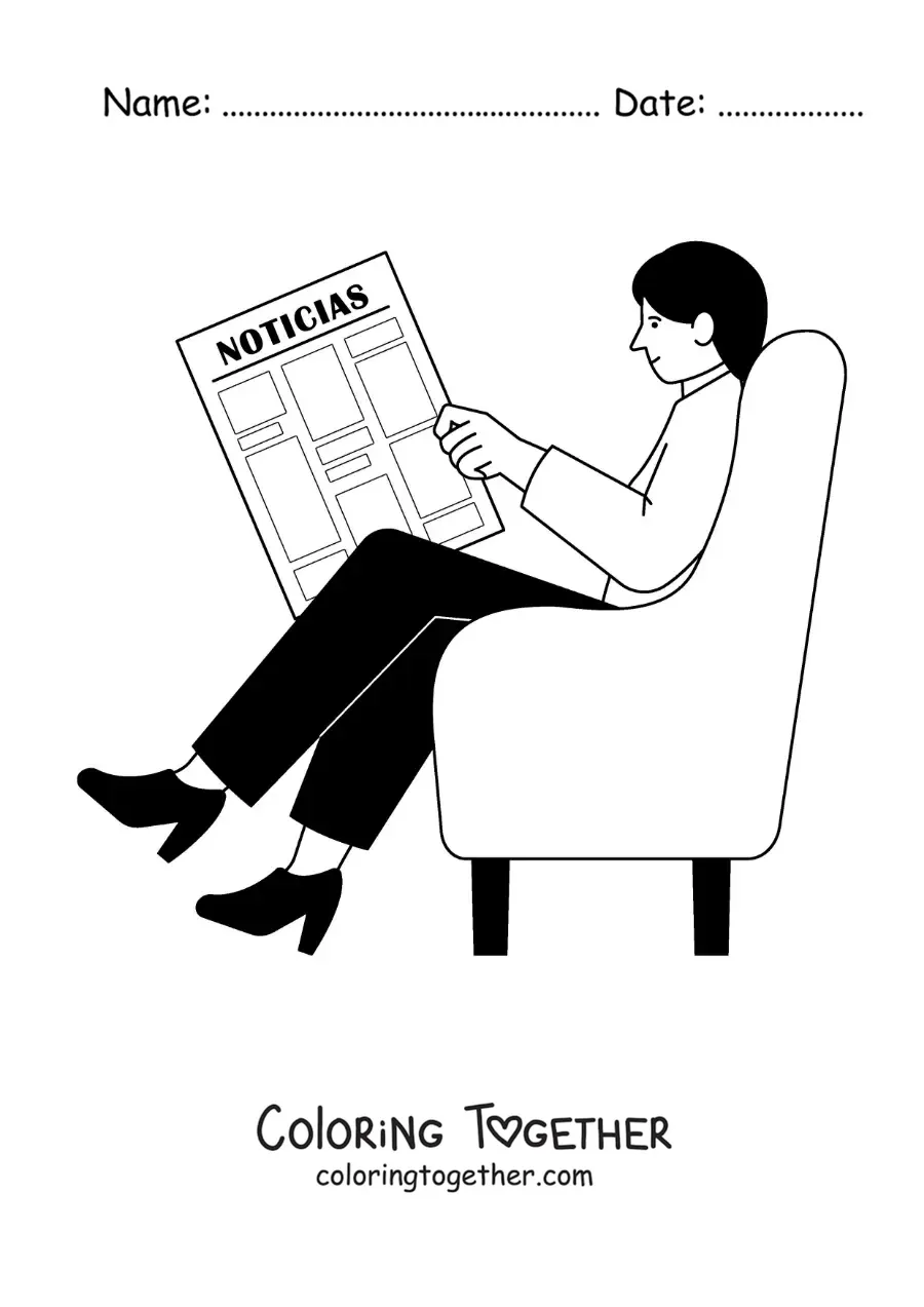 Coloring page of a girl sitting on the sofa reading the newspaper news