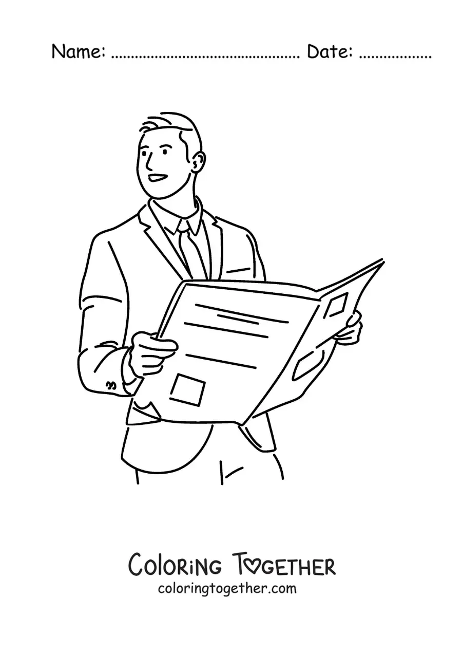 Coloring page of a man in a suit reading the newspaper news