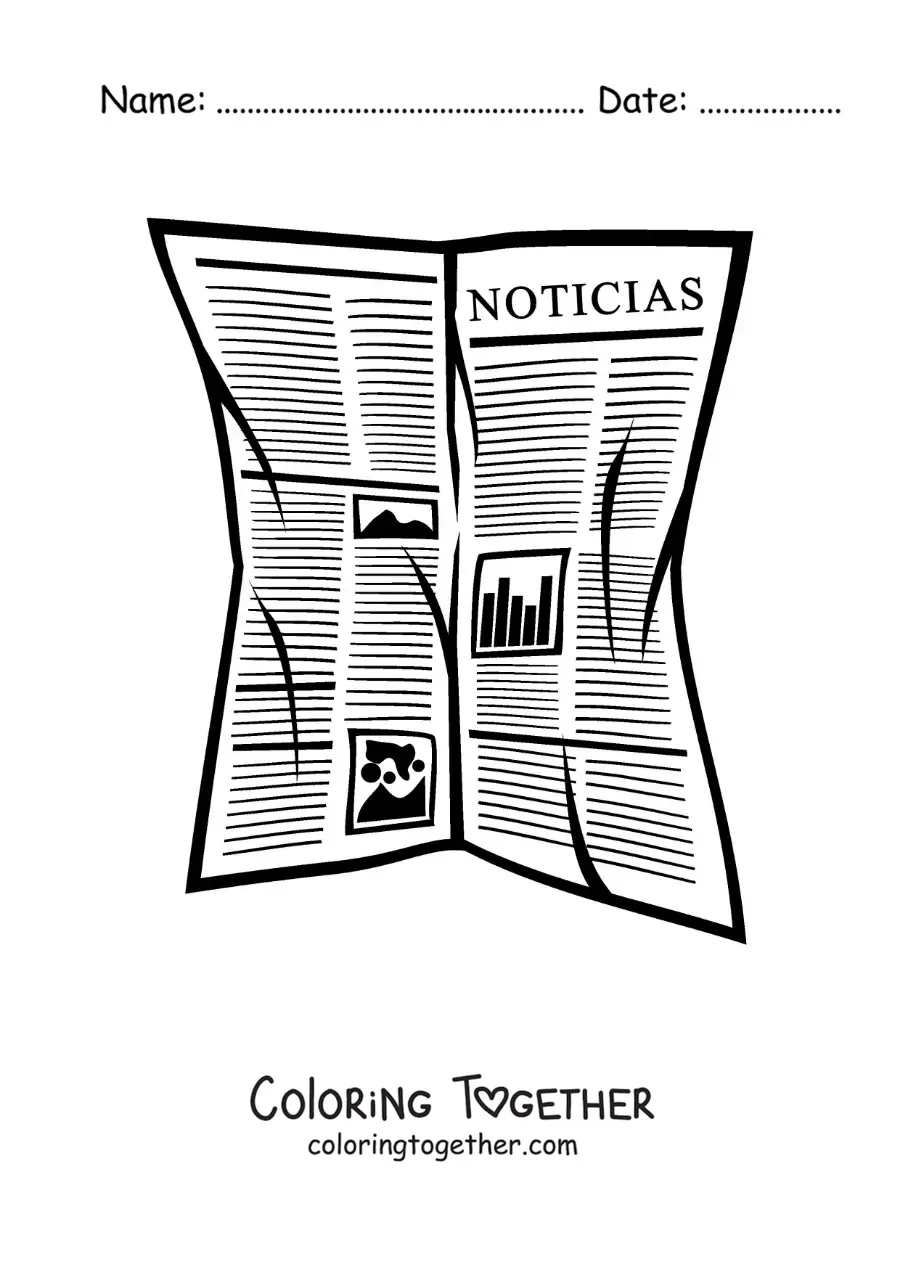 Coloring page of an open newspaper showing news on its front page
