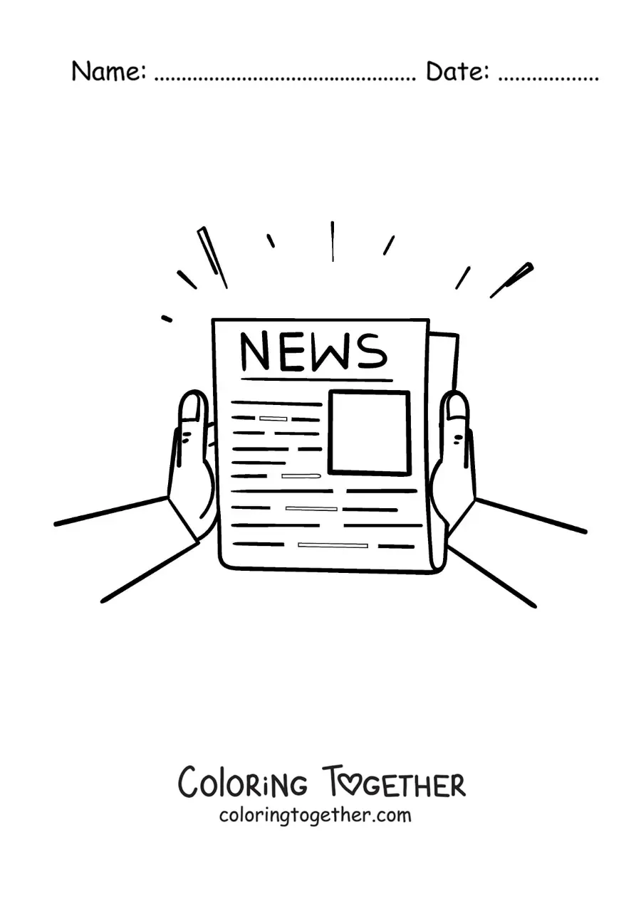 Coloring page of a pair of hands holding a printed newspaper