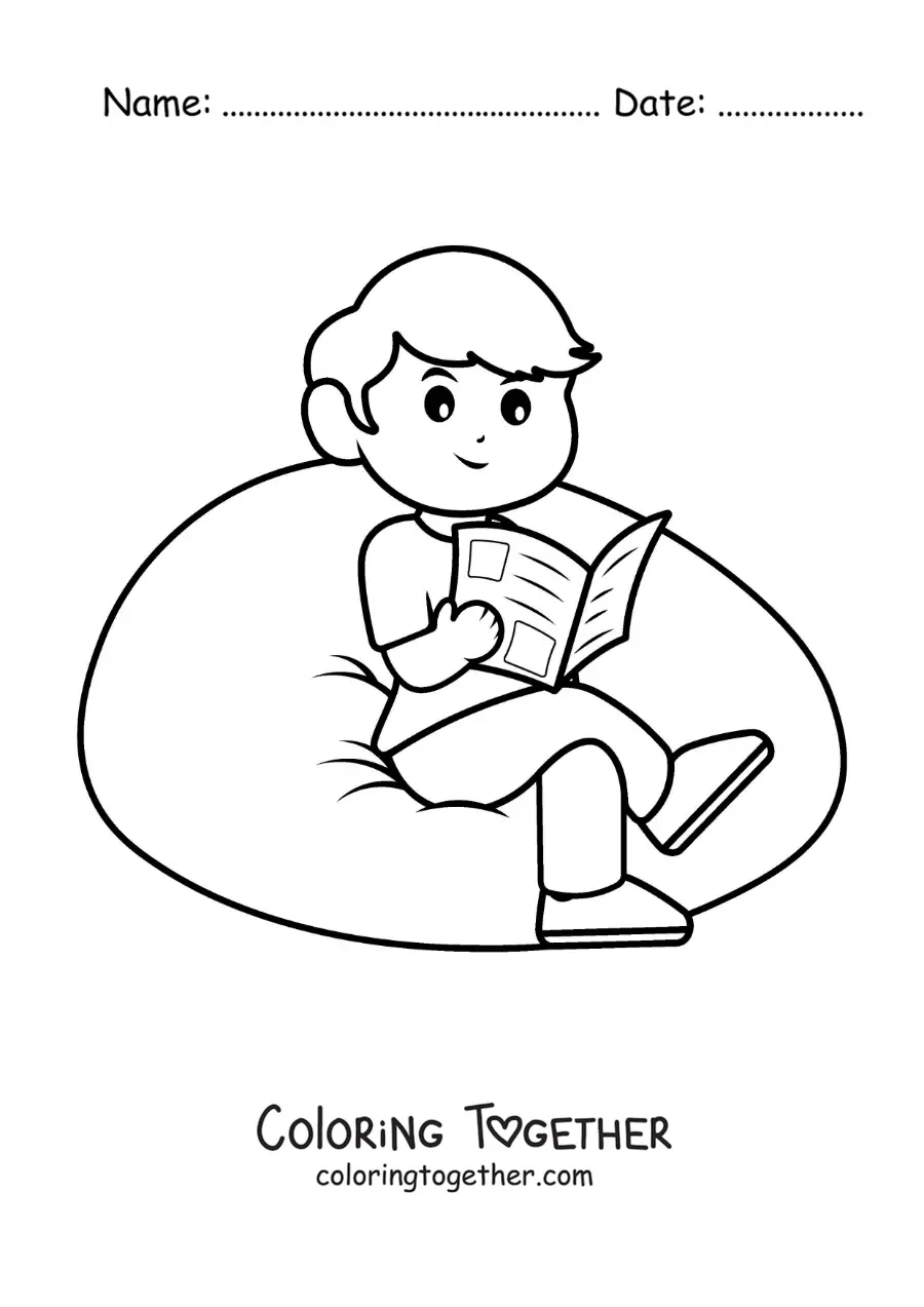Coloring page of a cartoon boy sitting and reading the newspaper