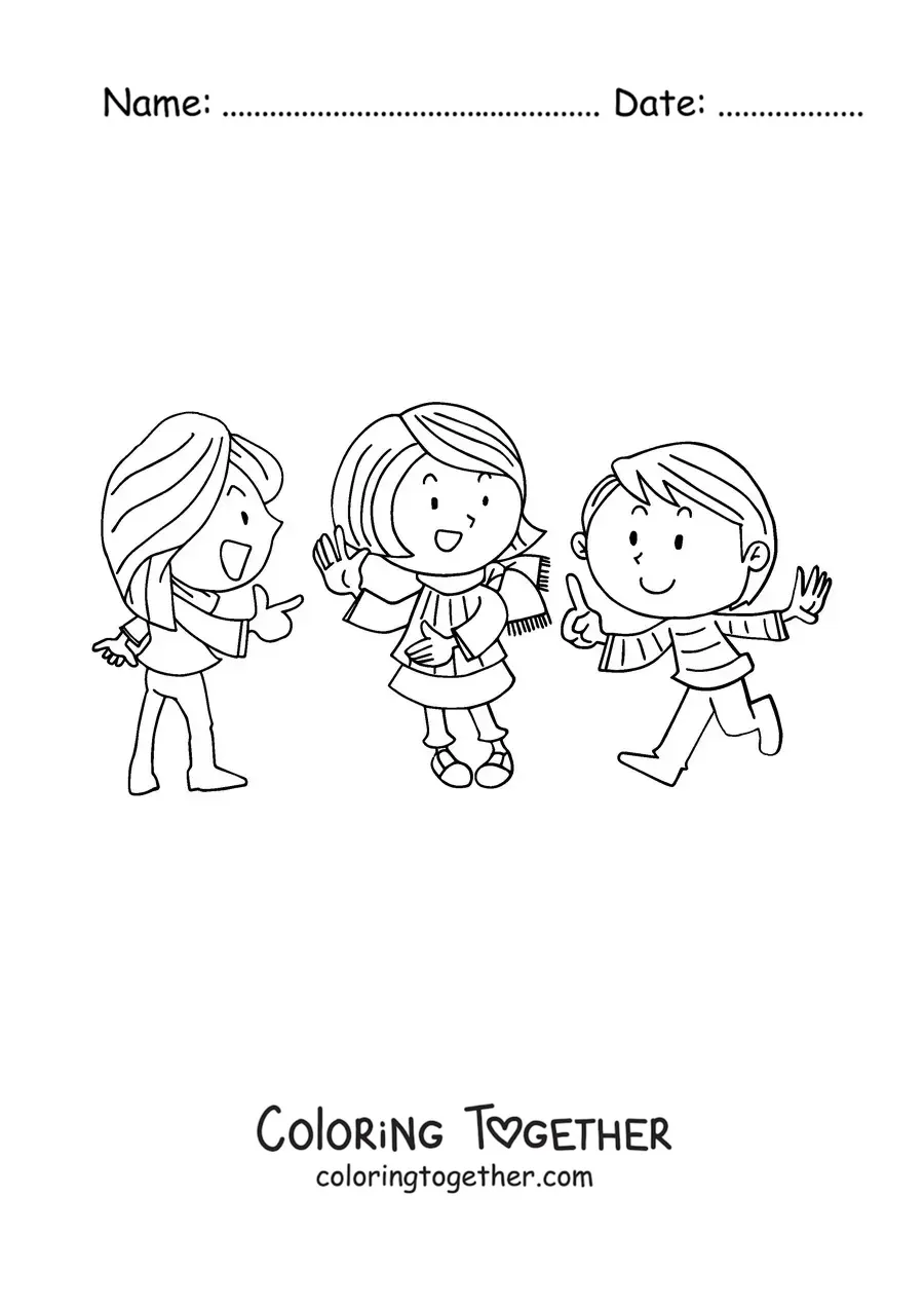 Coloring page of three girls playing rock paper scissors