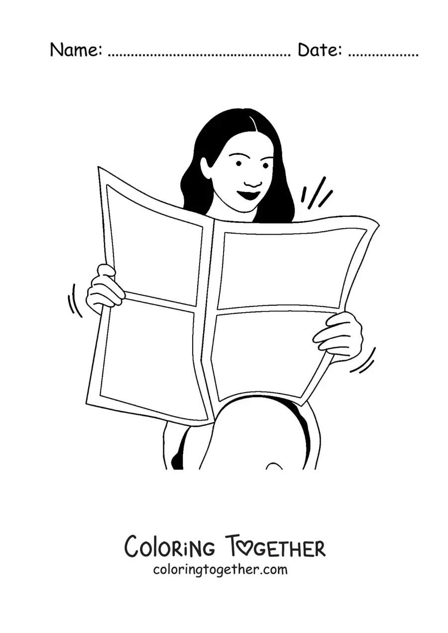 Coloring page of a woman sitting and reading the newspaper
