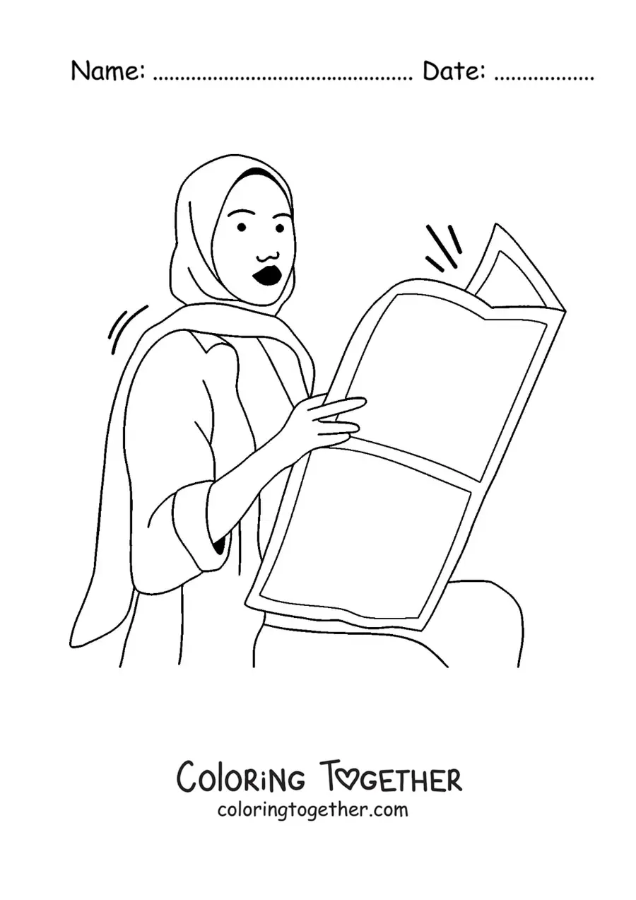 Coloring page of a woman wearing a hijab sitting and reading the newspaper