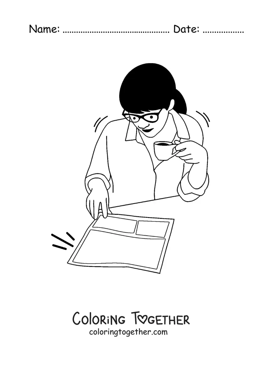 Coloring page of a woman sitting reading the newspaper and drinking a coffee