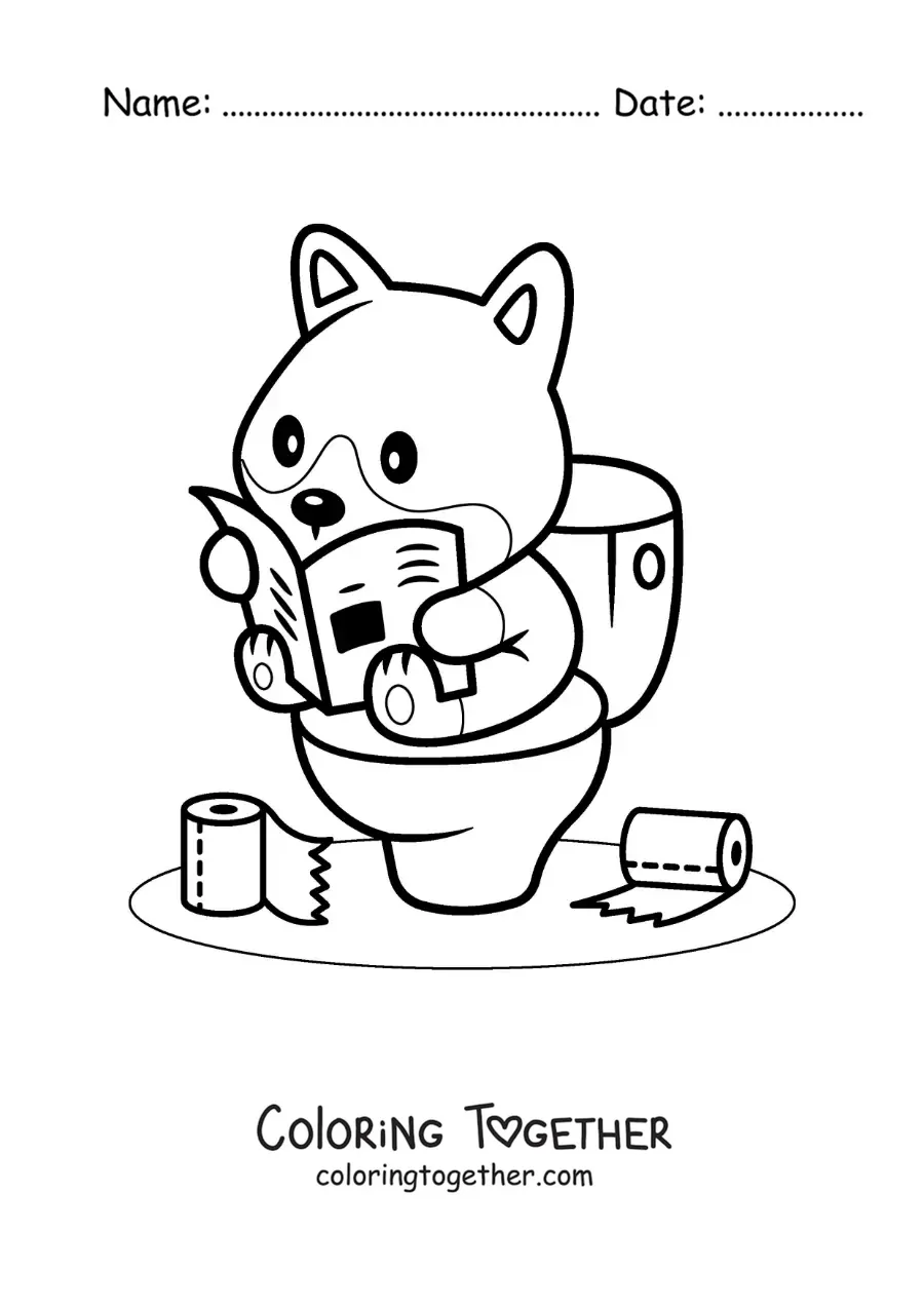 Coloring page of a cartoon dog sitting on the toilet reading the newspaper