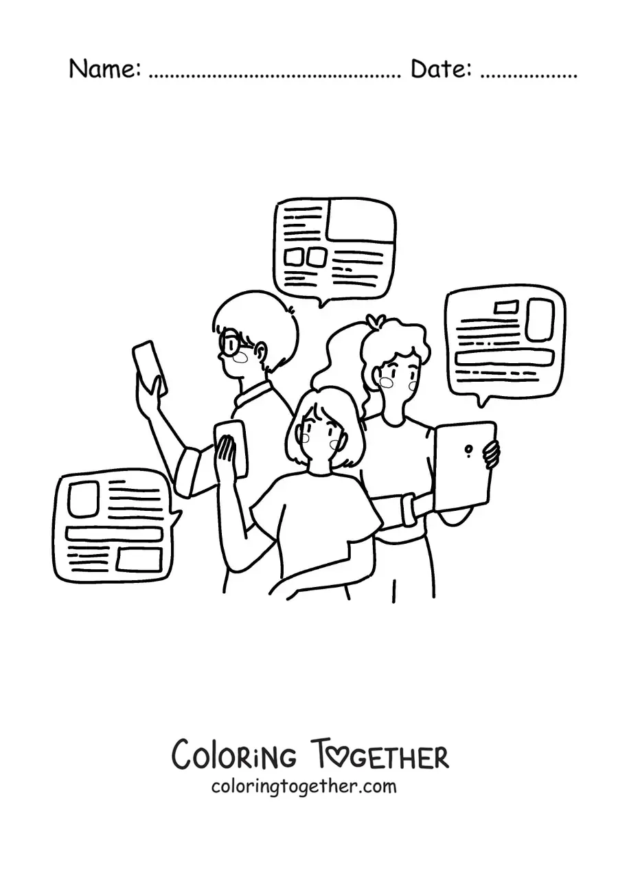 Coloring page of a group of young people reading the news online