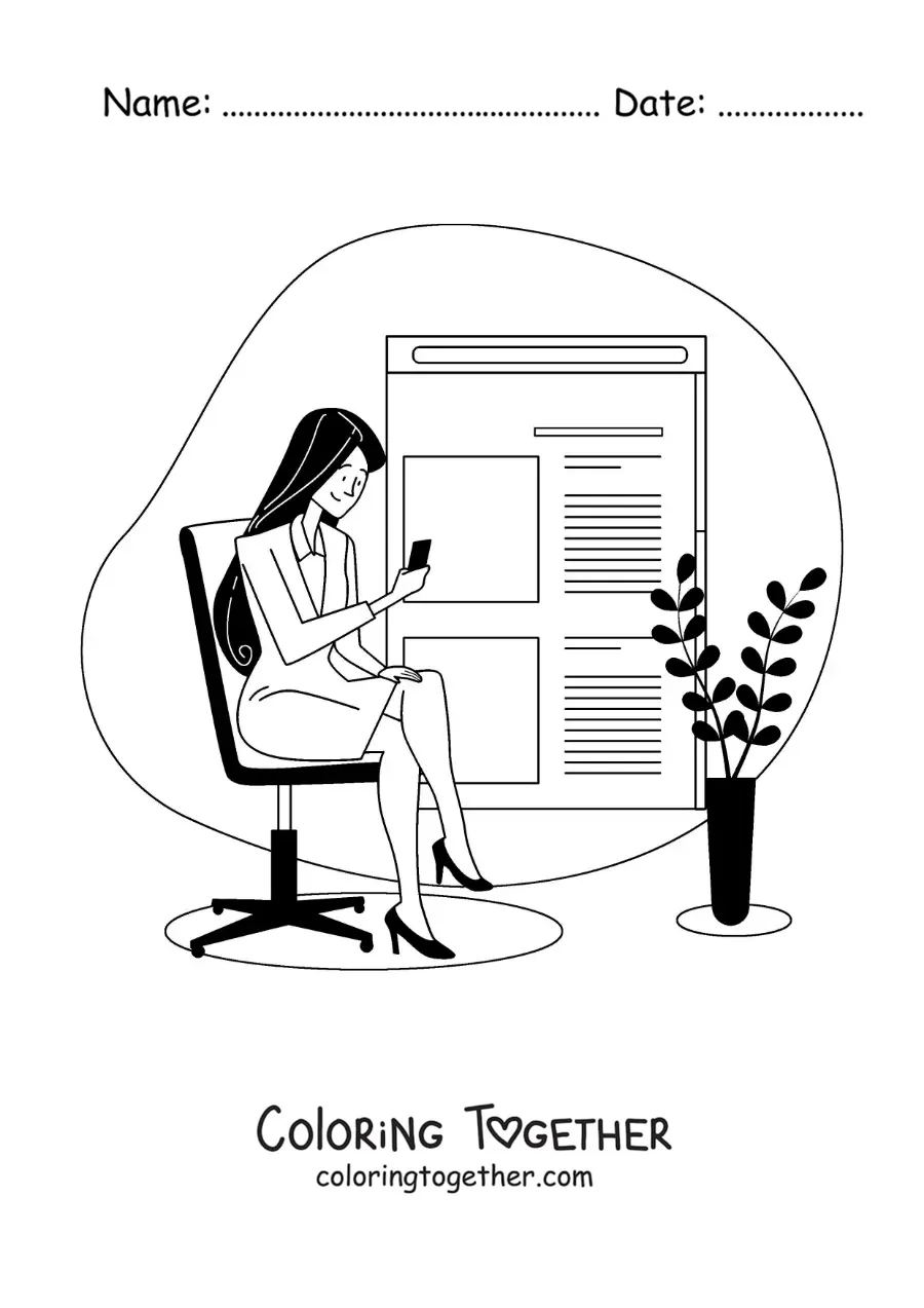 Coloring page of a woman sitting reading the news on her phone