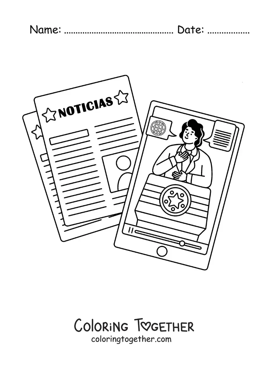 Coloring page of a newspaper next to a phone showing the news