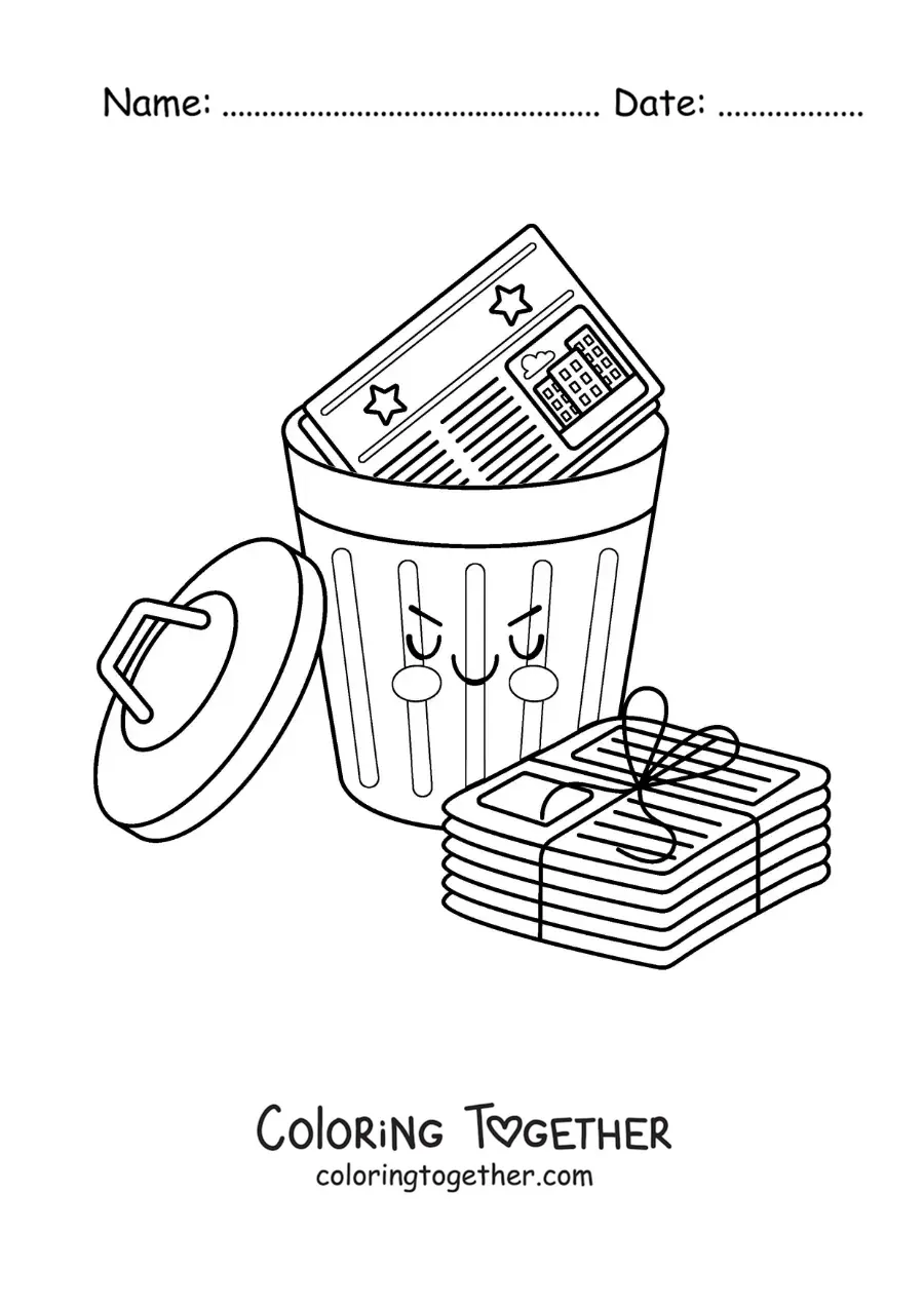Coloring page of several newspapers in a cartoon trash can