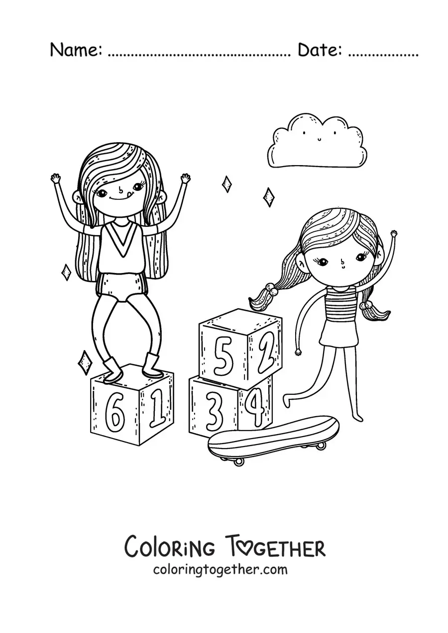 Coloring page of two girls playing