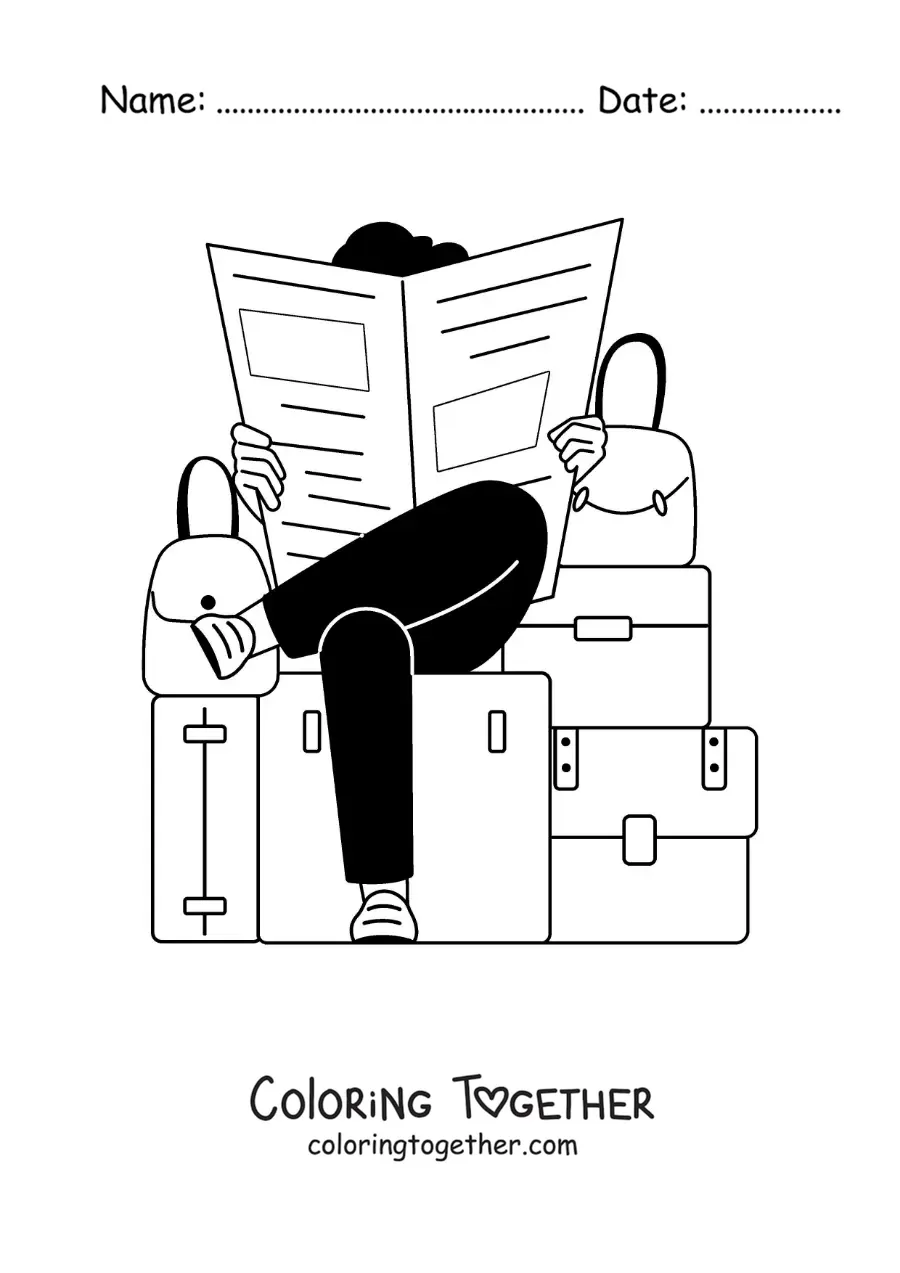 Coloring page of a traveler sitting on his luggage reading the newspaper