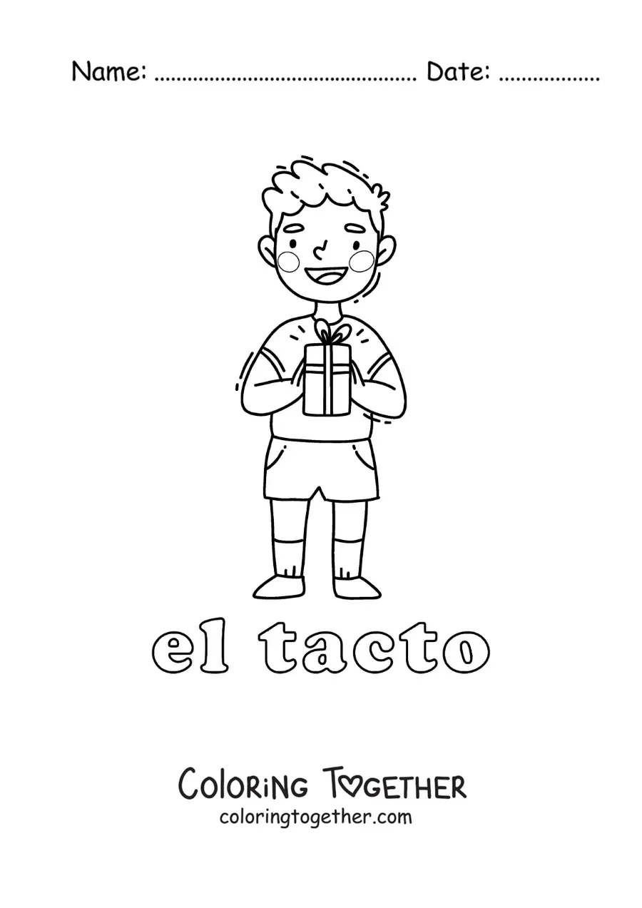 Coloring page of a boy touching a gift with his hands