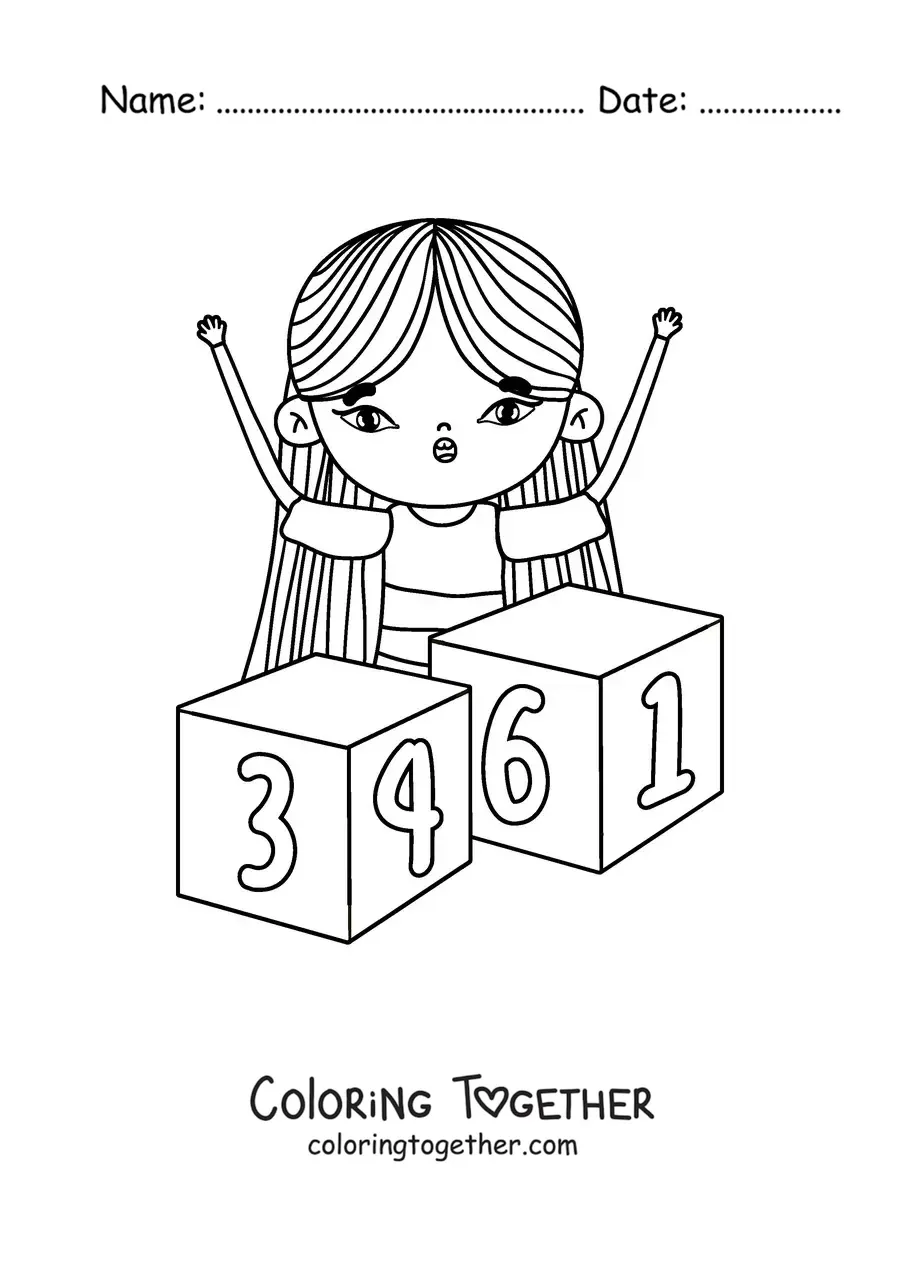Coloring page of a girl playing with huge blocks