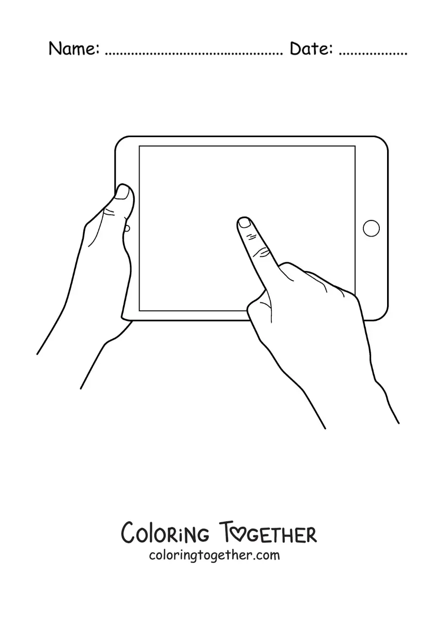 Coloring page of a pair of hands using a touchscreen tablet