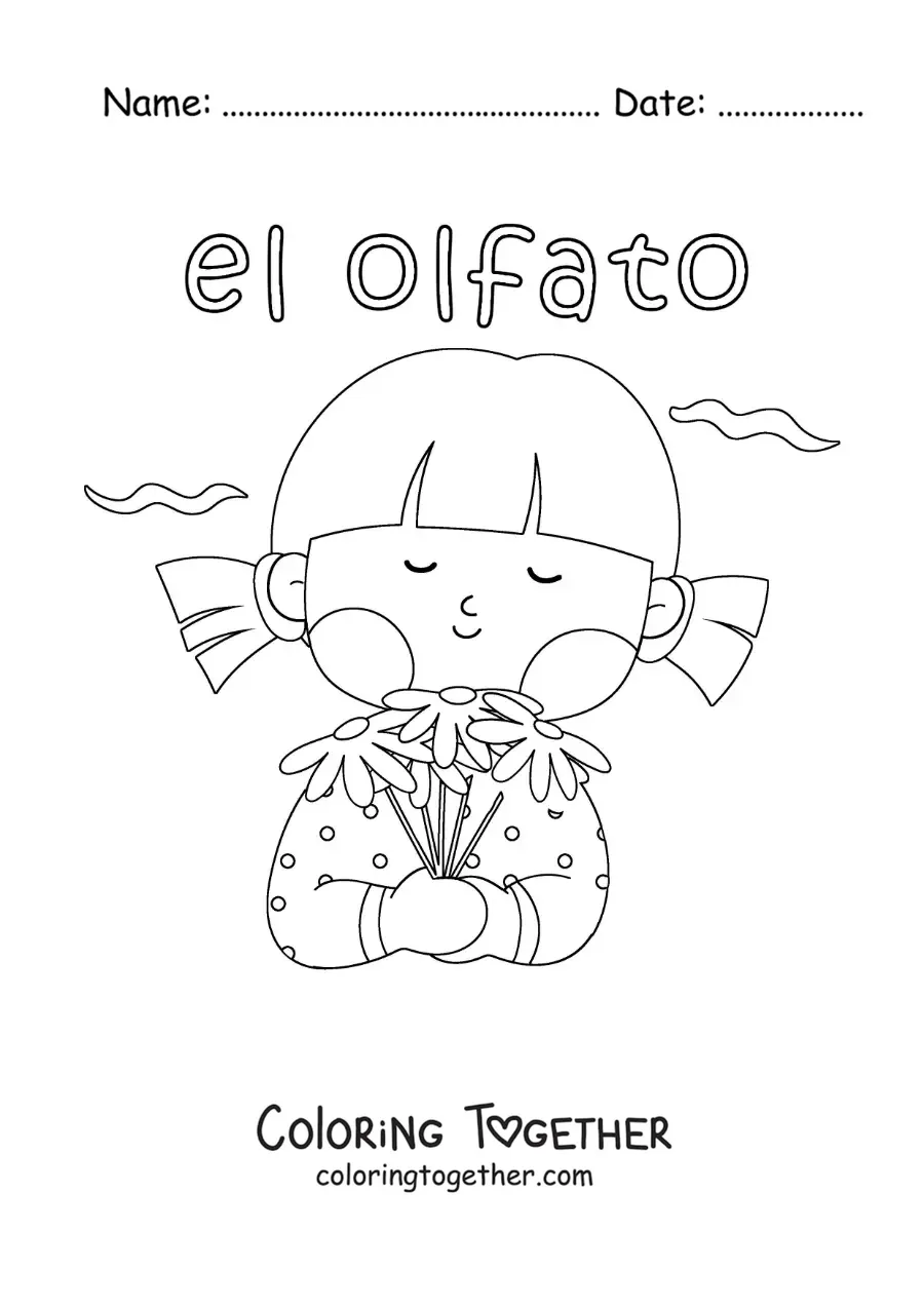 Coloring page of a cartoon girl smelling a flower