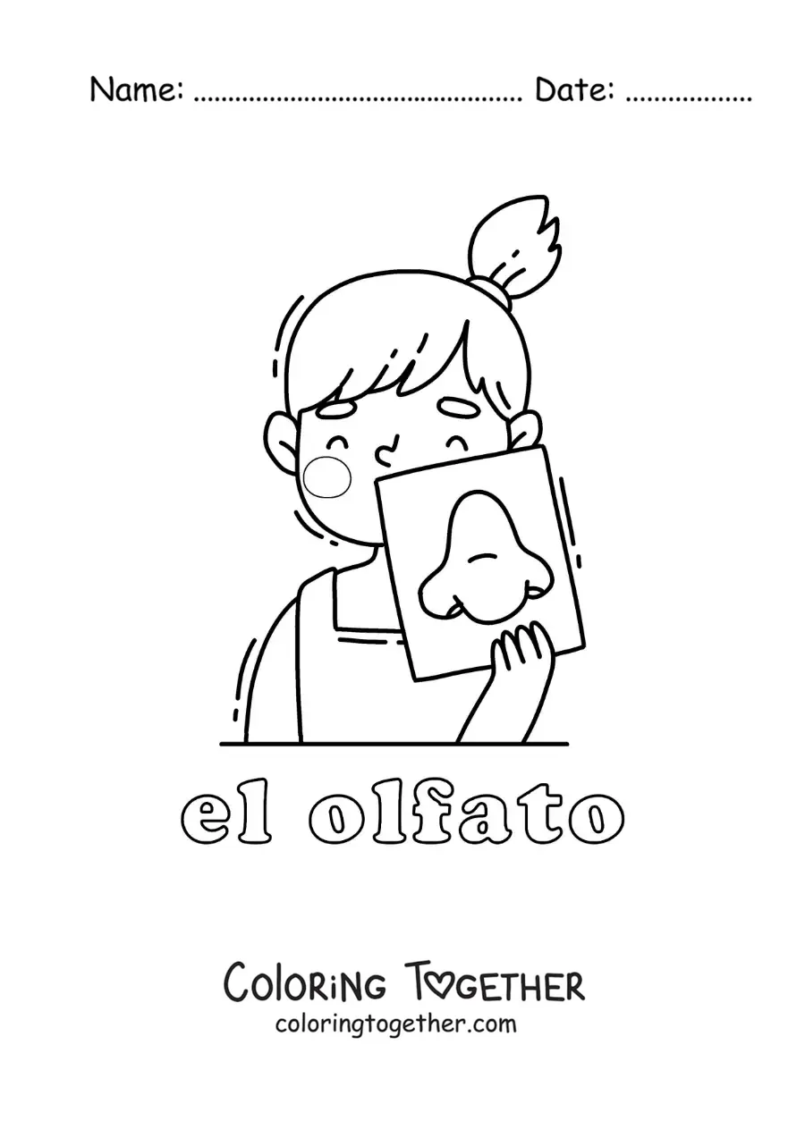 Coloring page of a girl pointing to her nose