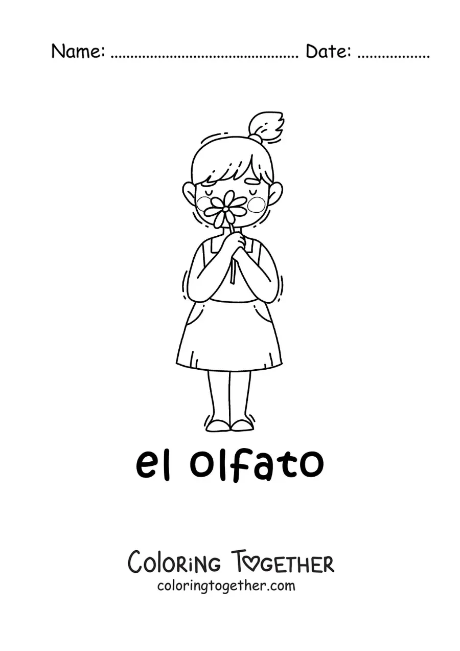Coloring page of a girl using her sense of smell to smell a flower