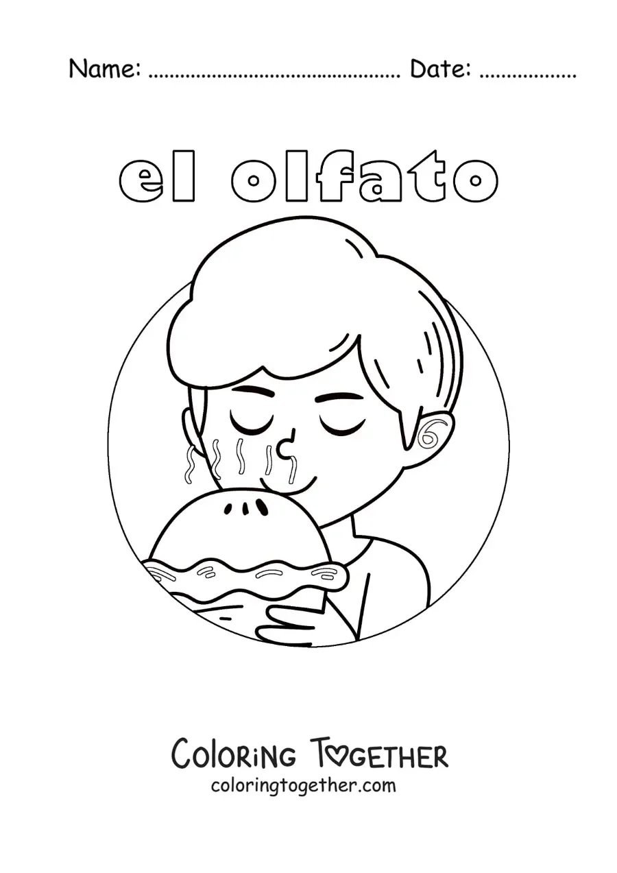 Coloring page of a boy smelling a freshly baked pie