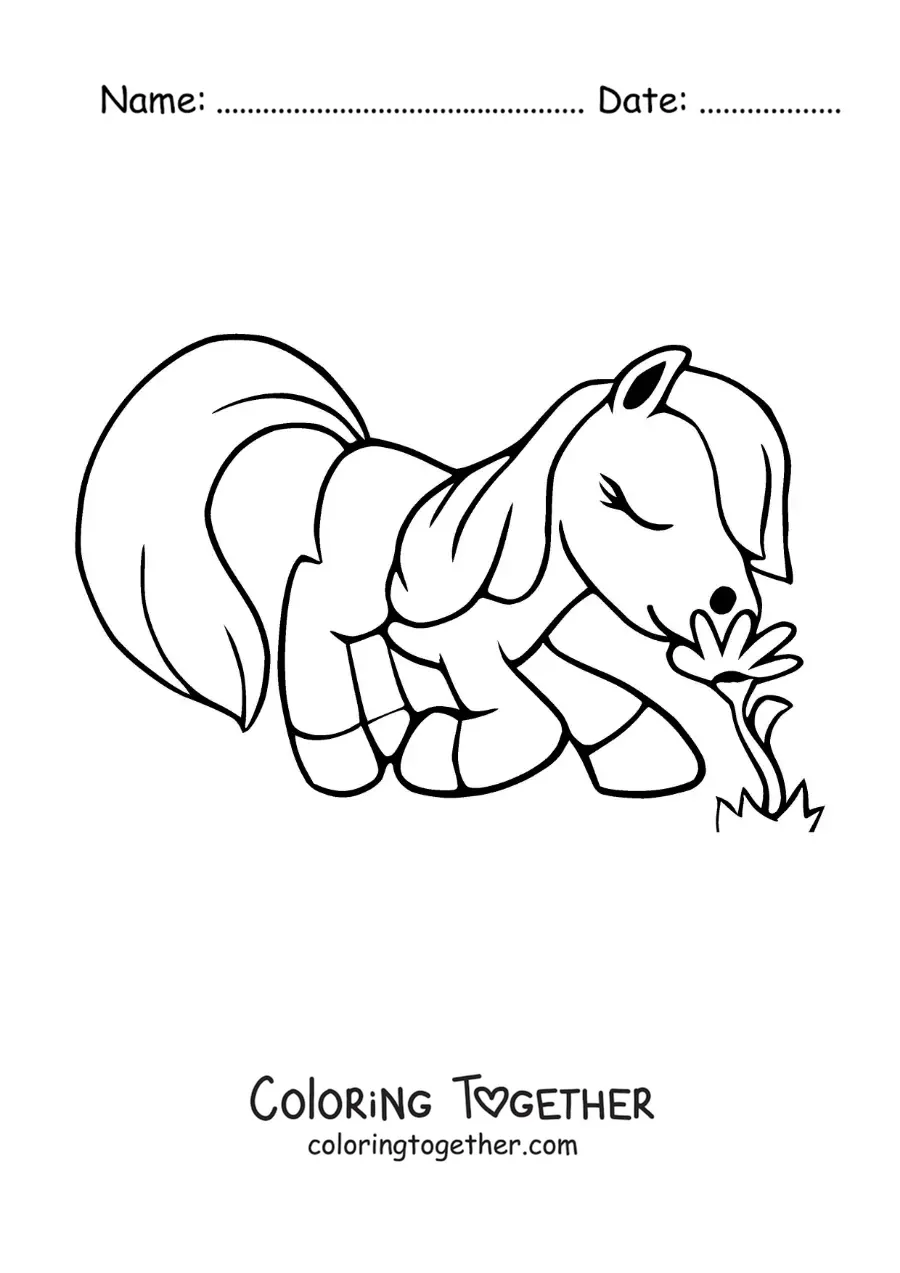 Coloring page of a cartoon pony smelling flowers