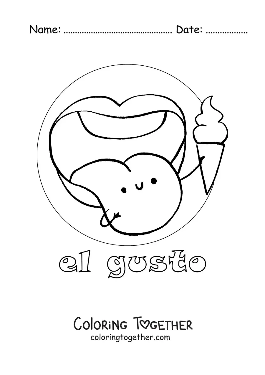 Coloring page of a cartoon tongue as a symbol of the sense of taste
