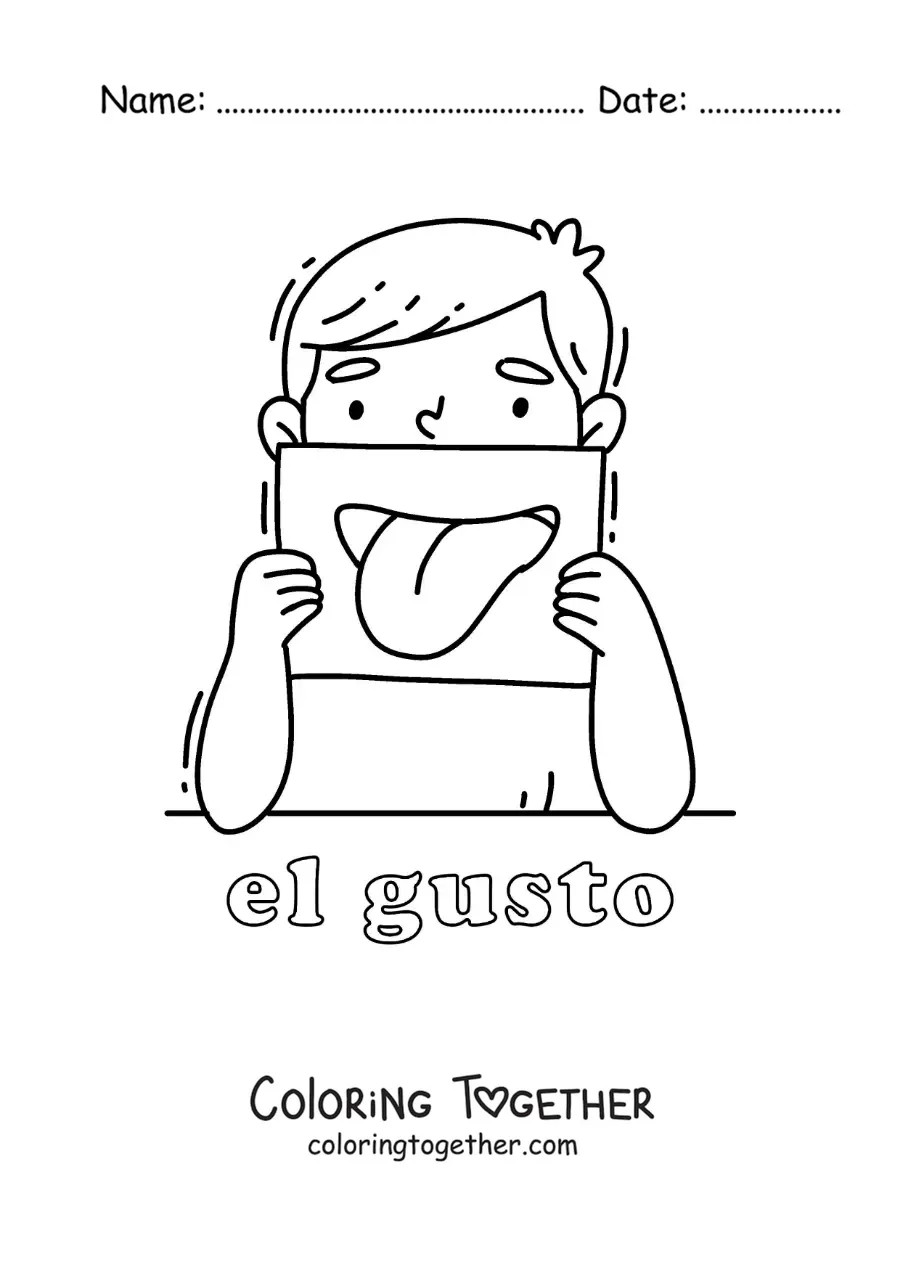 Coloring page of a child showing their mouth with the text "taste"