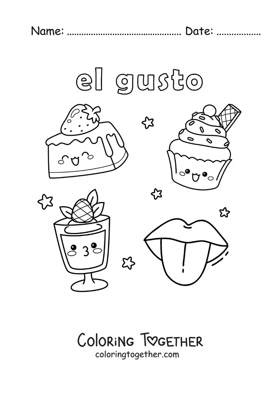 Coloring page of cartoon sweets and the tongue as part of the sense of taste