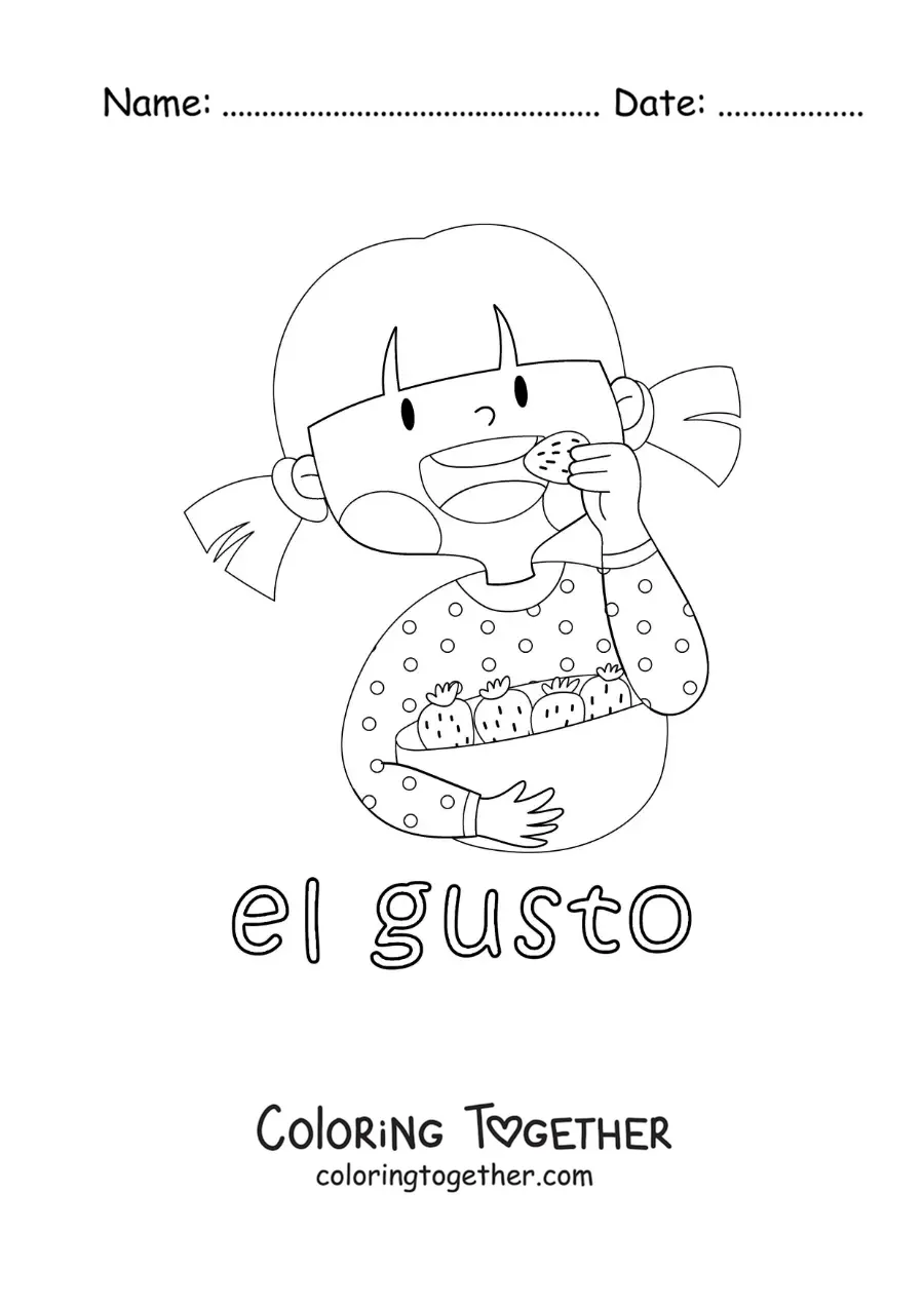 Coloring page of a girl tasting strawberries with her sense of taste