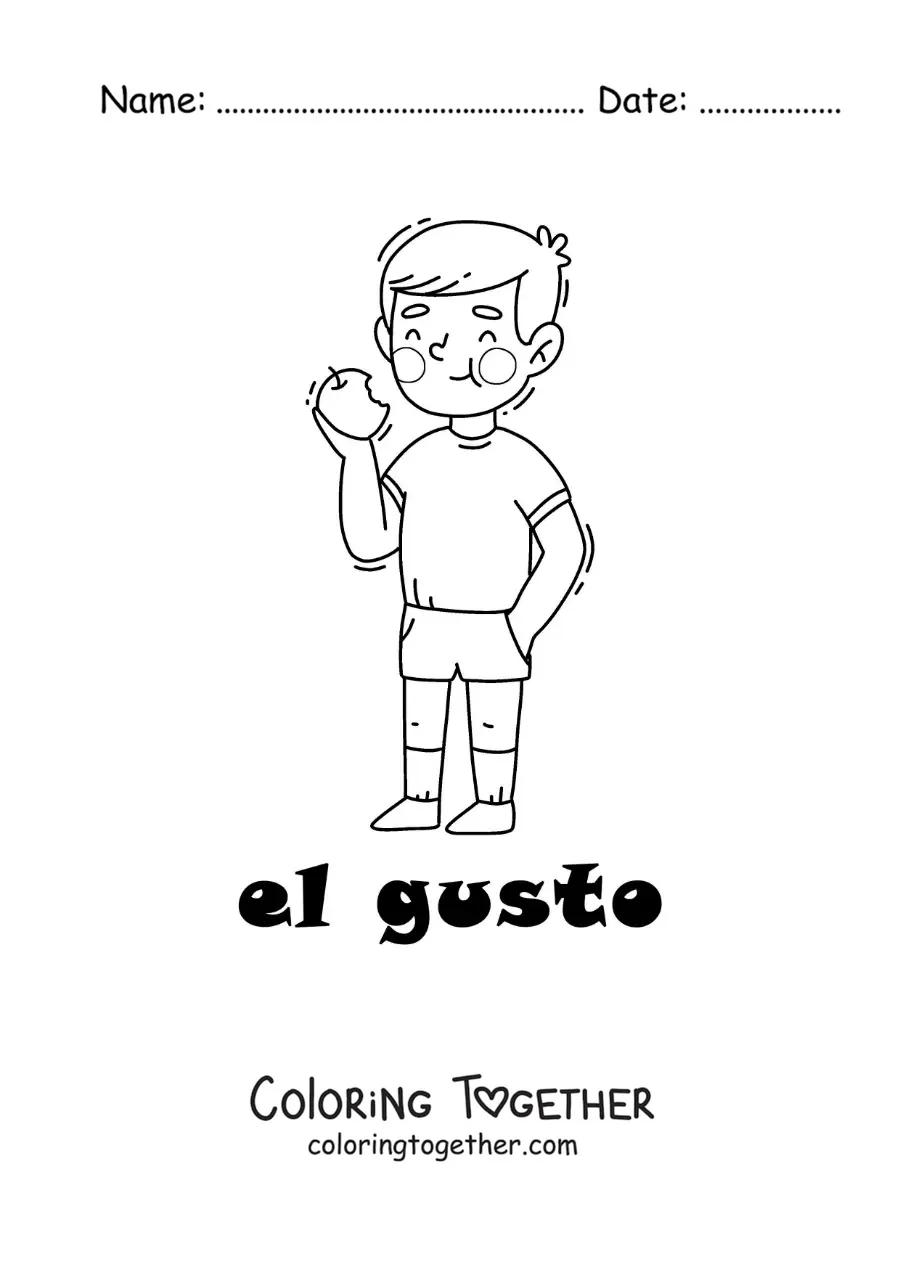 Coloring page of a boy eating an apple