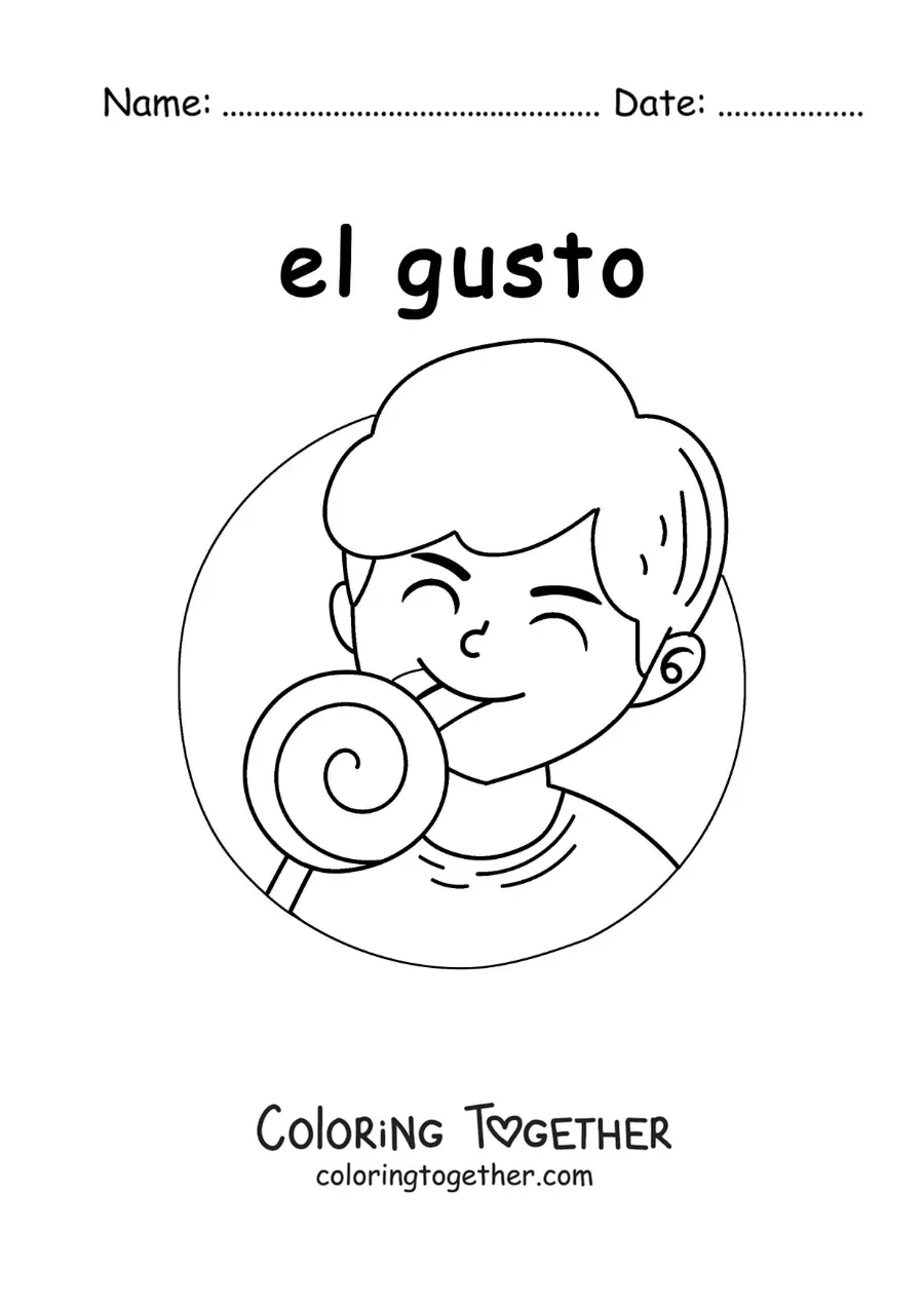 Coloring page of a boy tasting a sweet with his sense of taste
