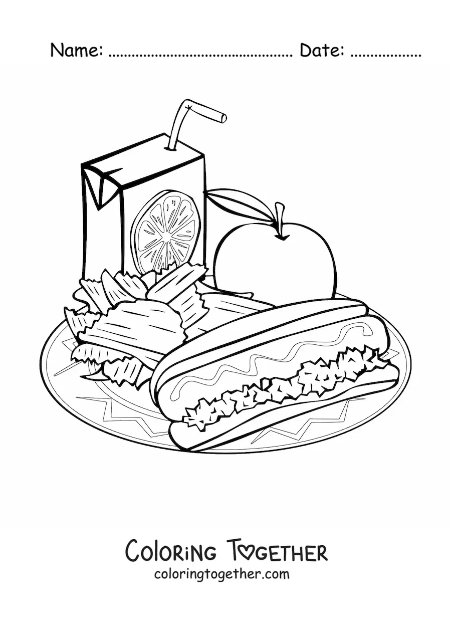 Coloring page of a lunch plate with an apple, sausage, fries, and orange juice