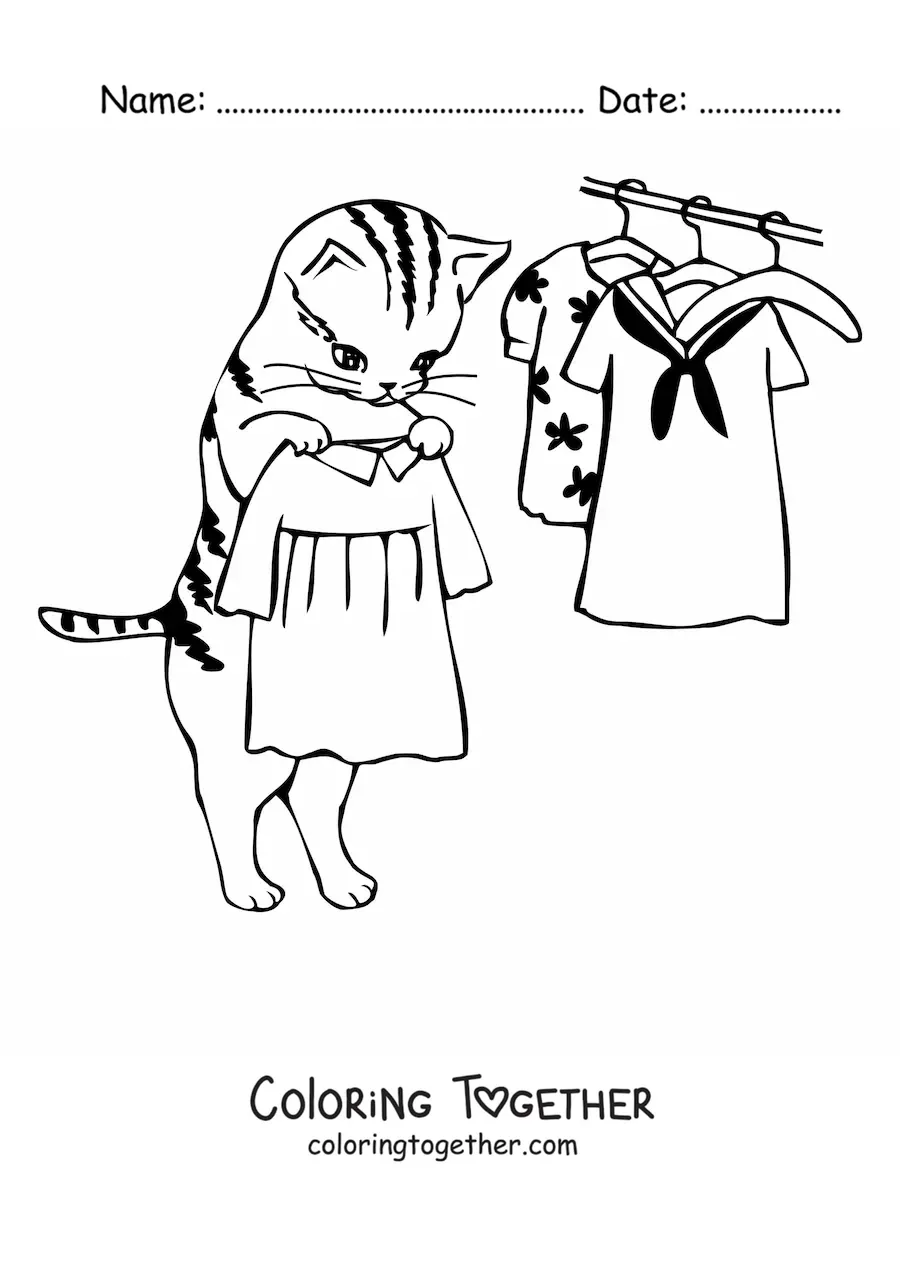 Coloring page of a cartoon cat holding a dress next to other dresses