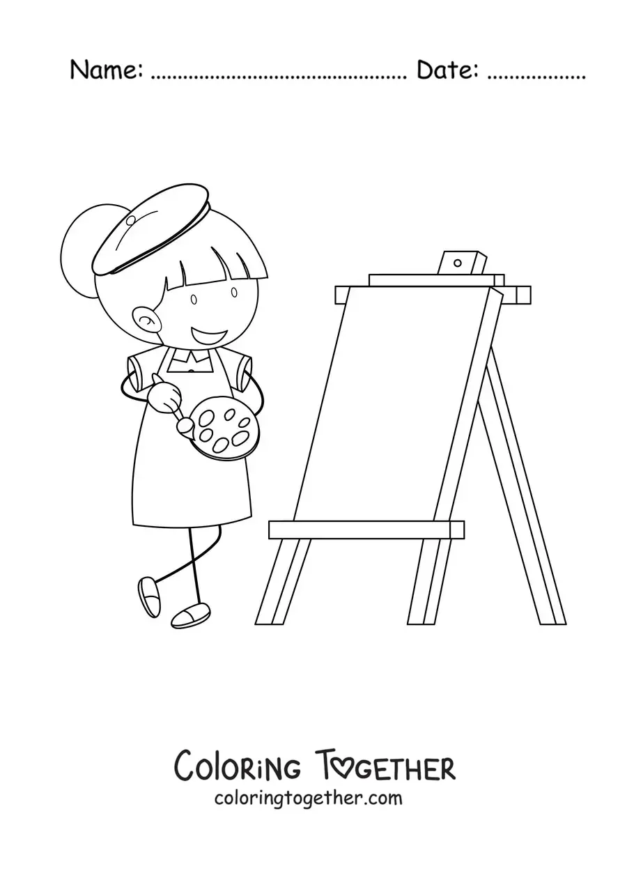 Coloring page of a girl painting a picture