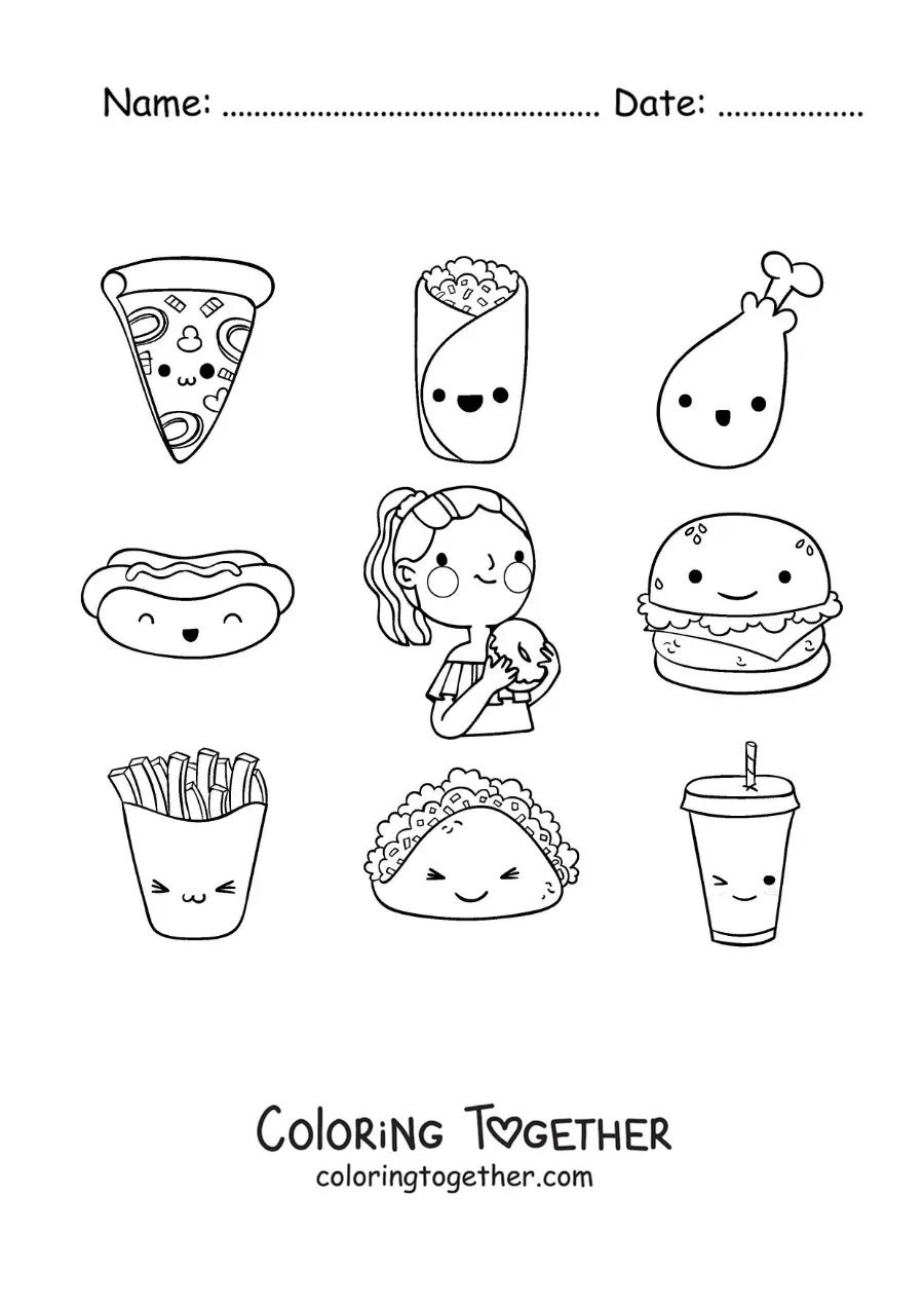 Coloring page of a girl with cartoon foods of different flavors