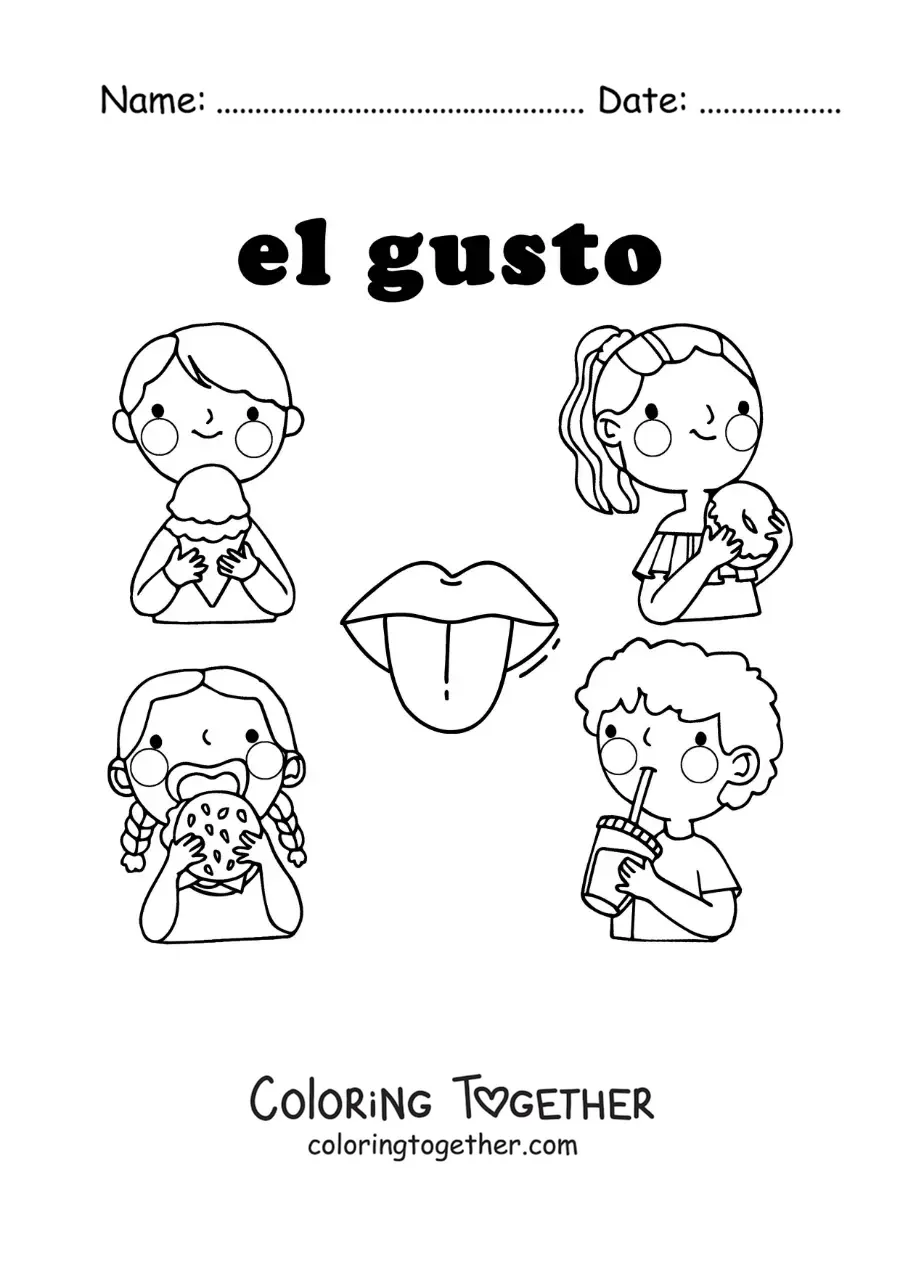 Coloring page of cartoon kids tasting foods of different flavors