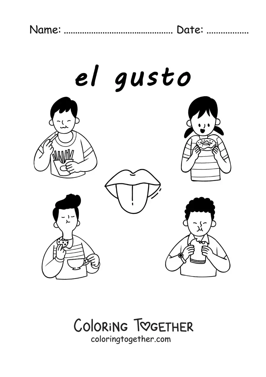 Coloring page of a tongue and kids eating foods with the text "taste"