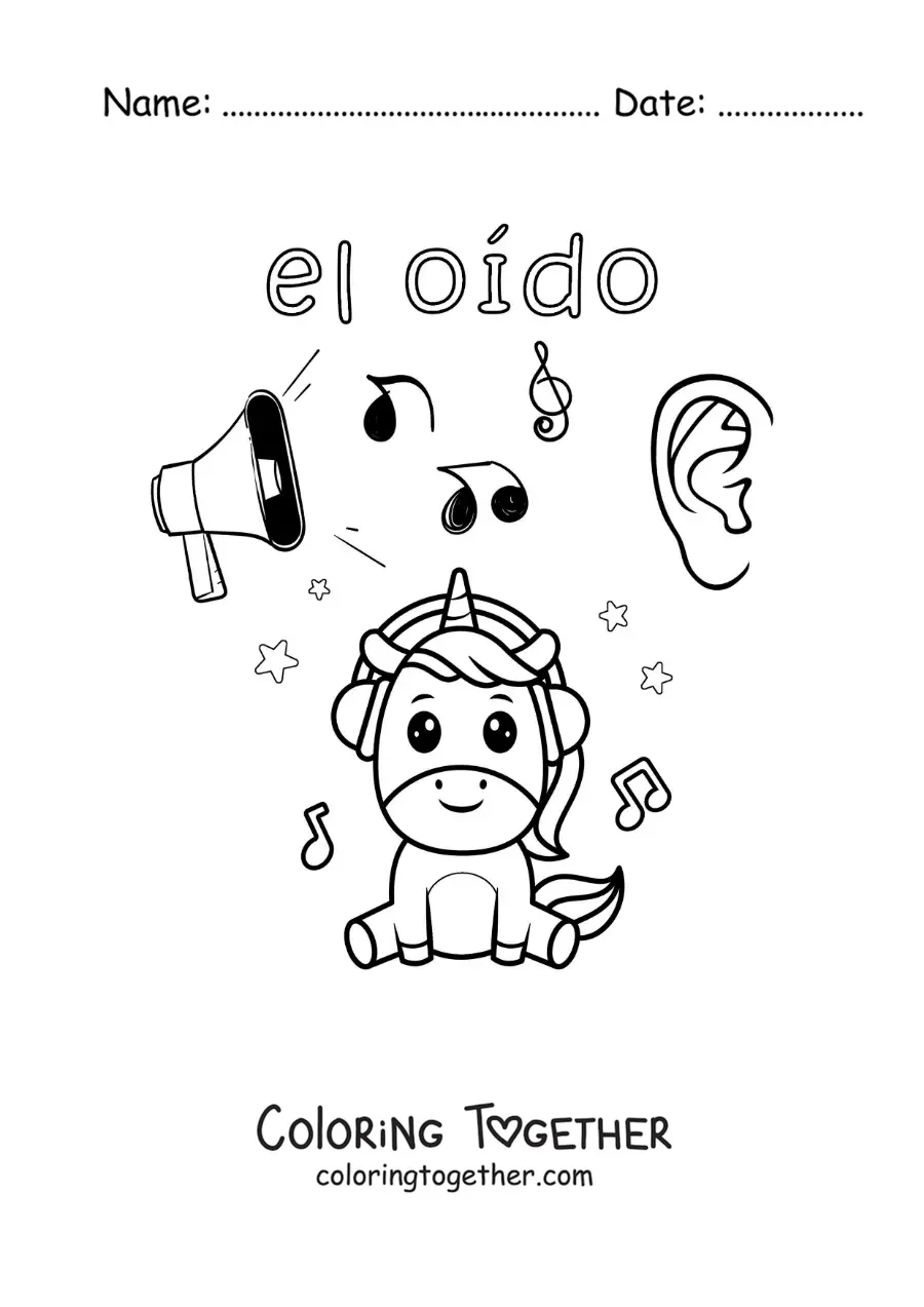 Coloring page of cartoon examples of the sense of hearing for kids