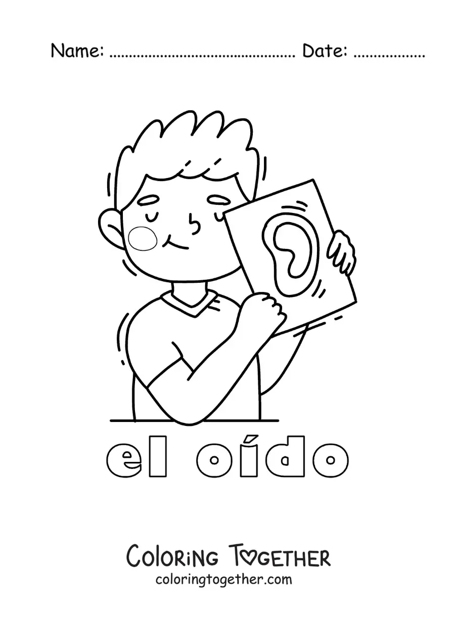 Coloring page of a child pointing to their ear with the text "hearing"