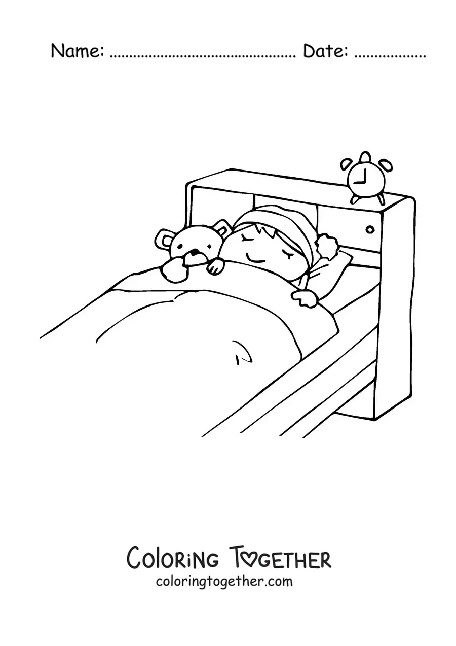 Coloring page of a girl sleeping in her bed