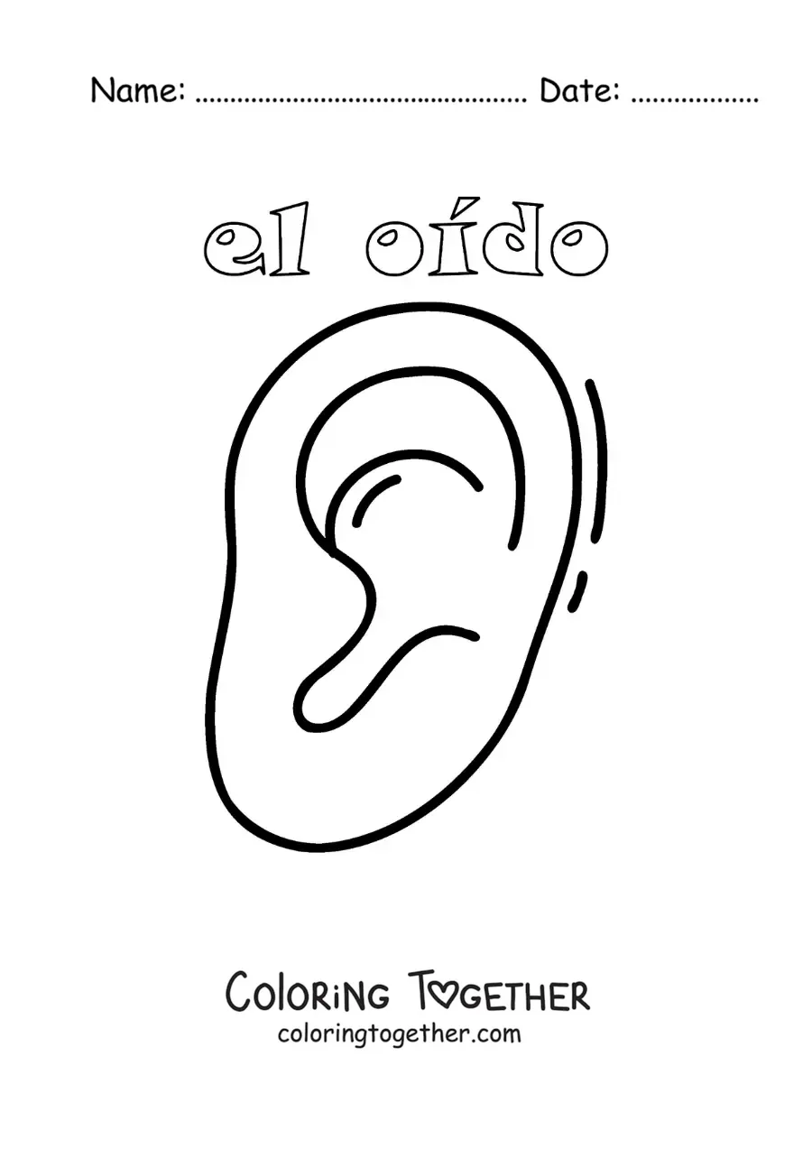 Coloring page of the ear as part of the sense of hearing for kids