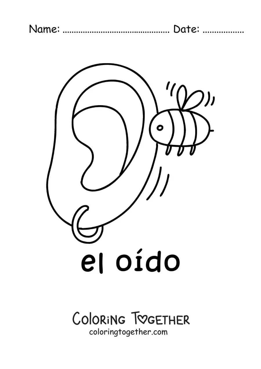 Coloring page of a bee buzzing in front of an ear